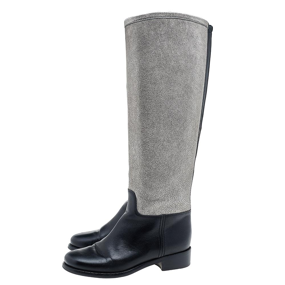 Gray Chanel Black/Metallic Leather CC Knee Length Boots Size 35.5