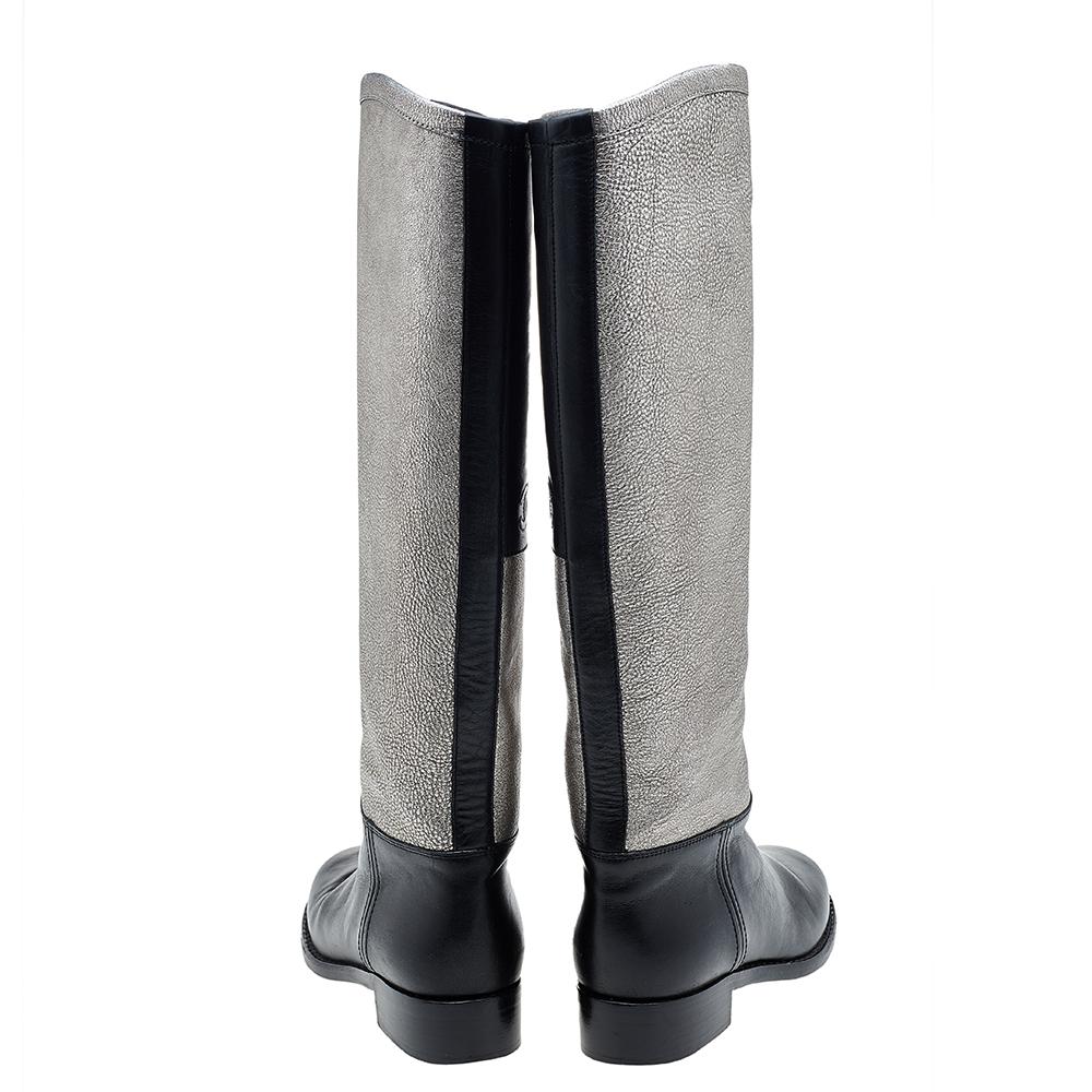 Women's Chanel Black/Metallic Leather CC Knee Length Boots Size 35.5