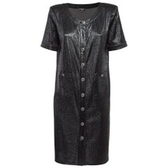 Chanel Black Metallic Lurex Knit Button Front Shift Dress M