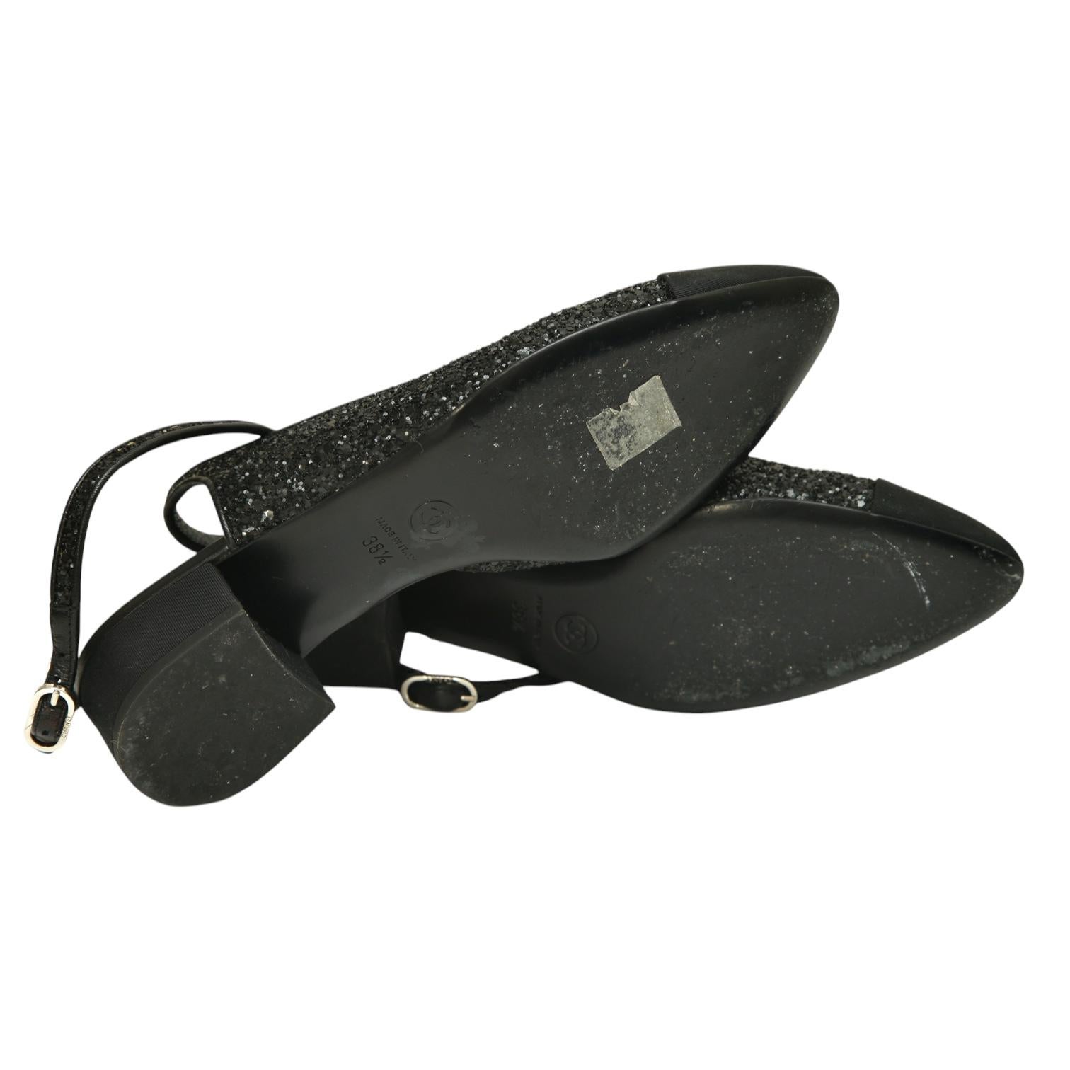 CHANEL Black Metallic Pump Heel Leather D'Orsay CC Pointed Toe Ankle Strap 38.5 For Sale 6