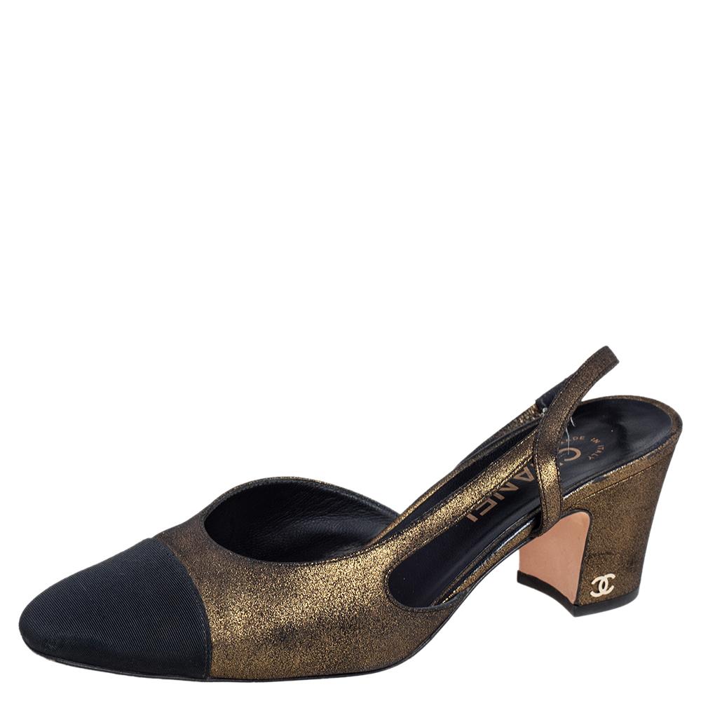 Chanel Metallic/Black Canvas And Leather Classic Slingback