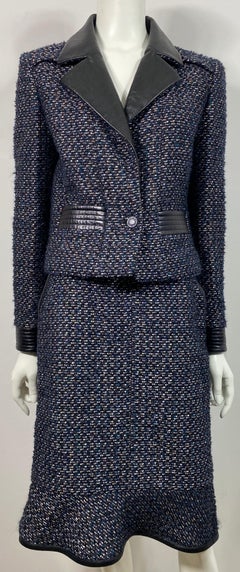 Chanel Runway Fall 2002 Navy Tweed and Black Leather Skirt Suit - Size 40