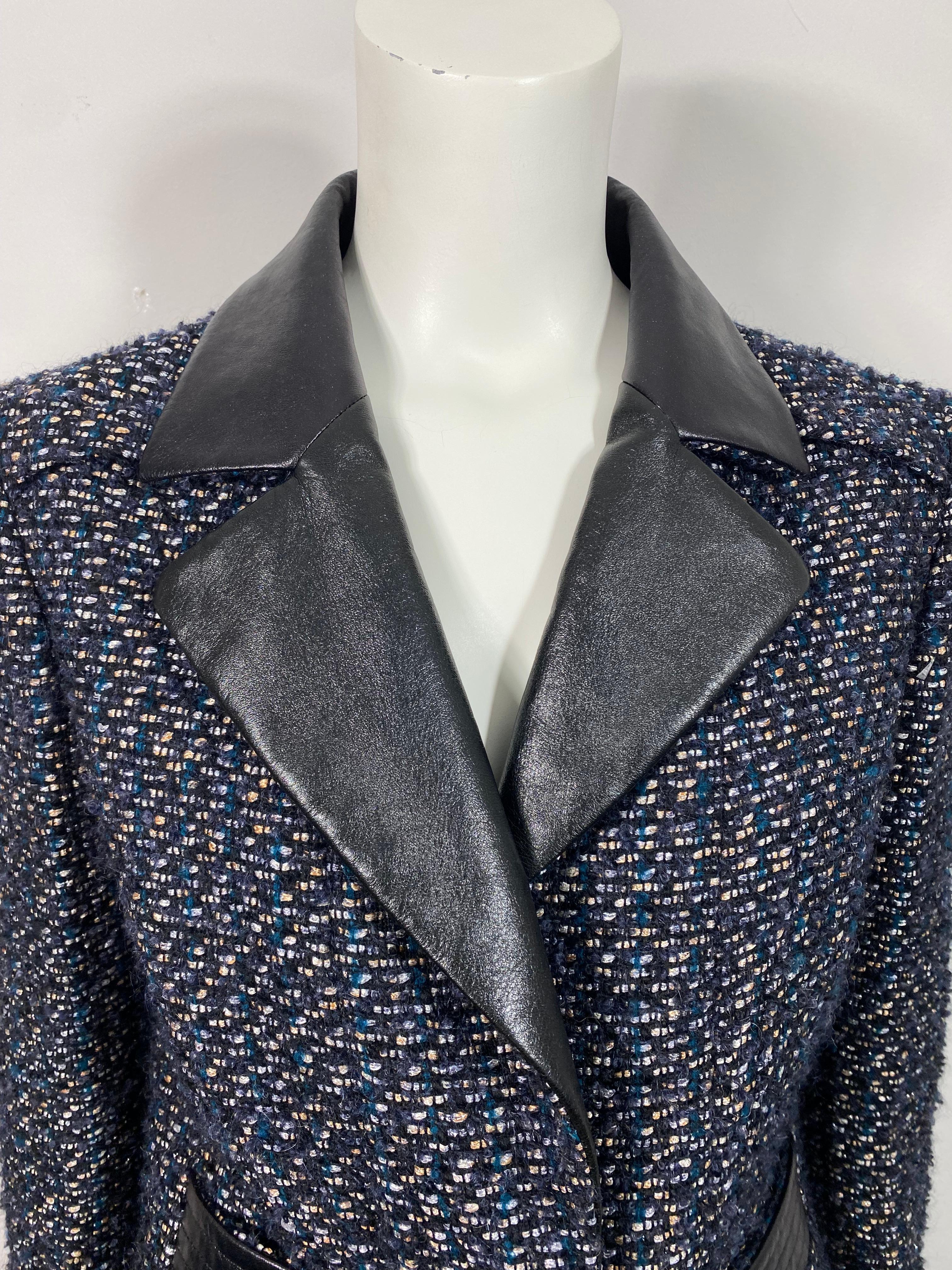 Chanel Runway Fall 2002 Navy Tweed and Black Leather Skirt Suit - Size 40  In Excellent Condition For Sale In West Palm Beach, FL