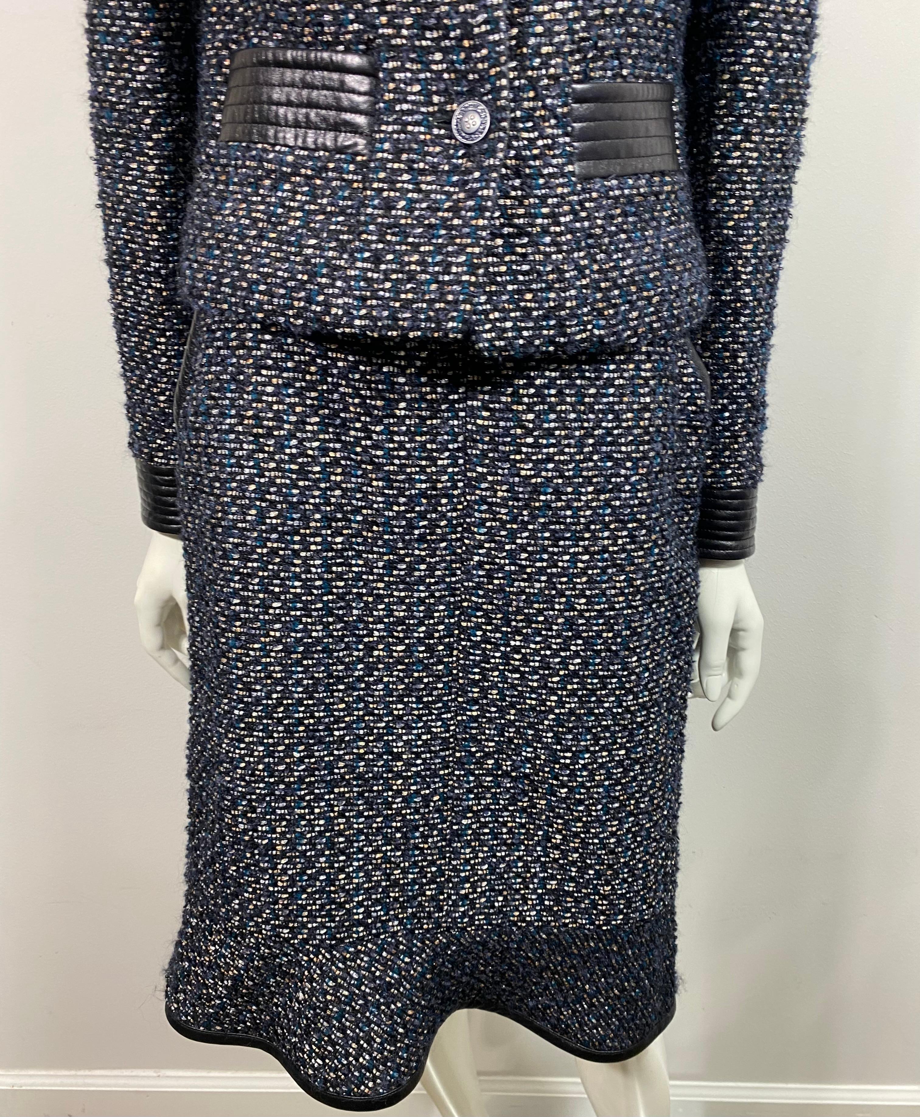 Chanel Runway Fall 2002 Navy Tweed and Black Leather Skirt Suit - Size 40  For Sale 1
