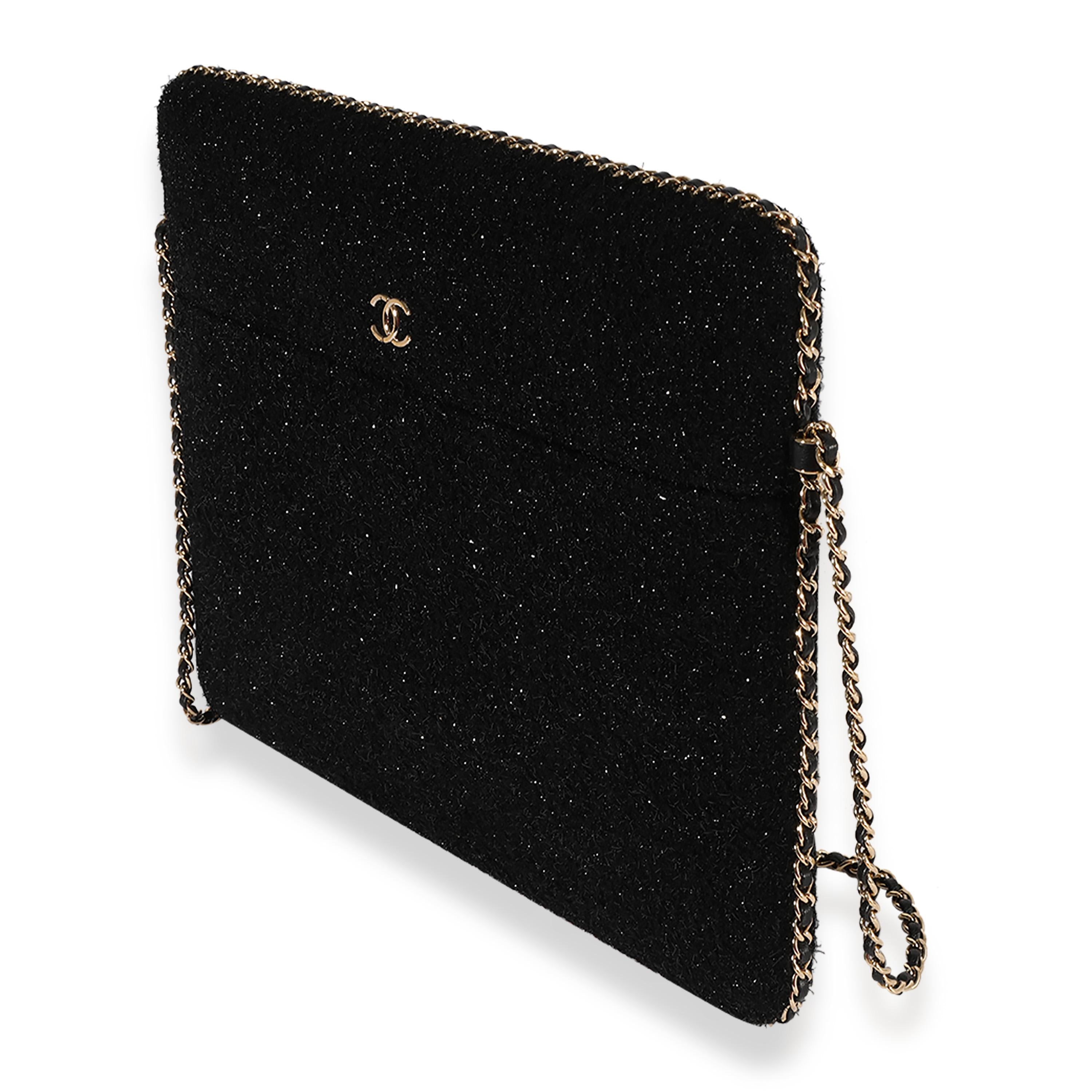 Chanel Black Metallic Tweed iPad Case with Chain In Excellent Condition In New York, NY