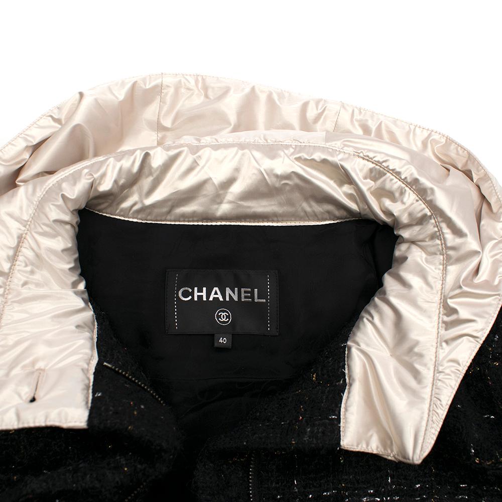 Chanel Black Metallic Tweed Jacket With Ivory Hood & Cuffs FR40 In Excellent Condition For Sale In London, GB