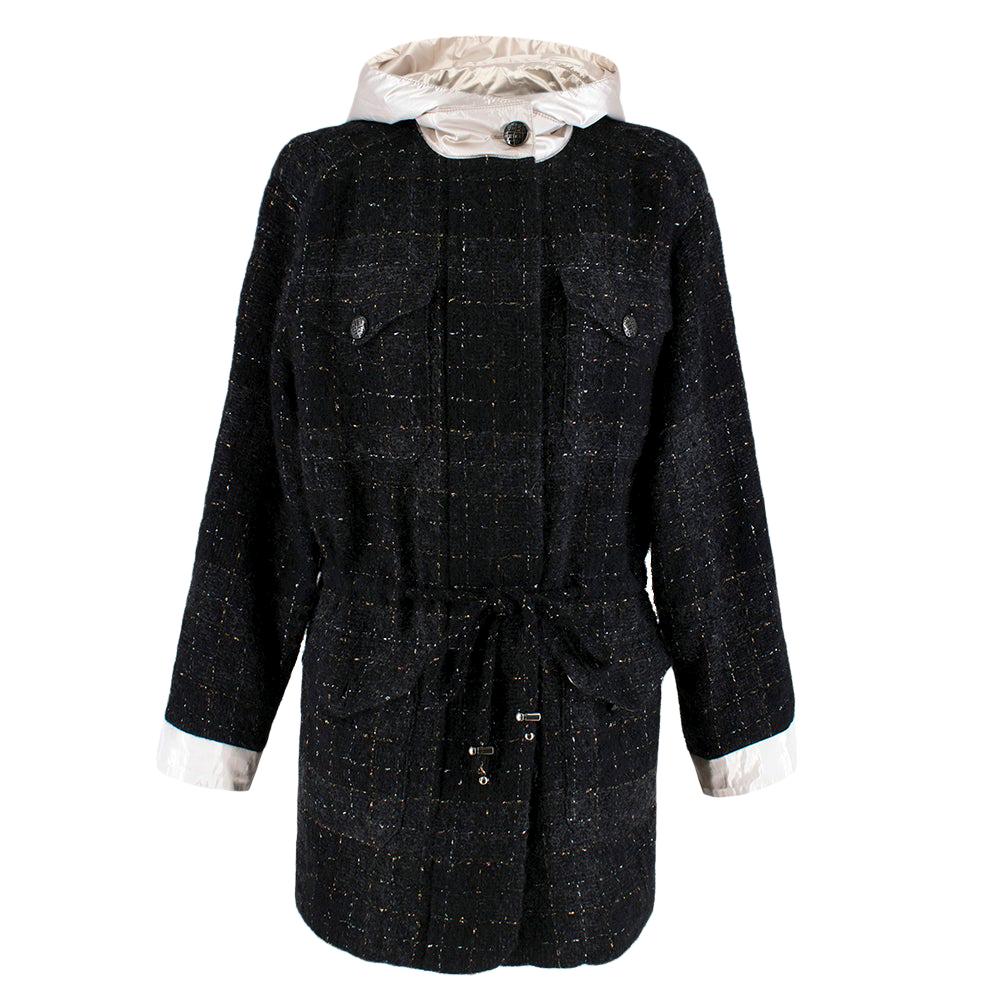 Chanel Black Metallic Tweed Jacket With Ivory Hood & Cuffs FR40 For Sale