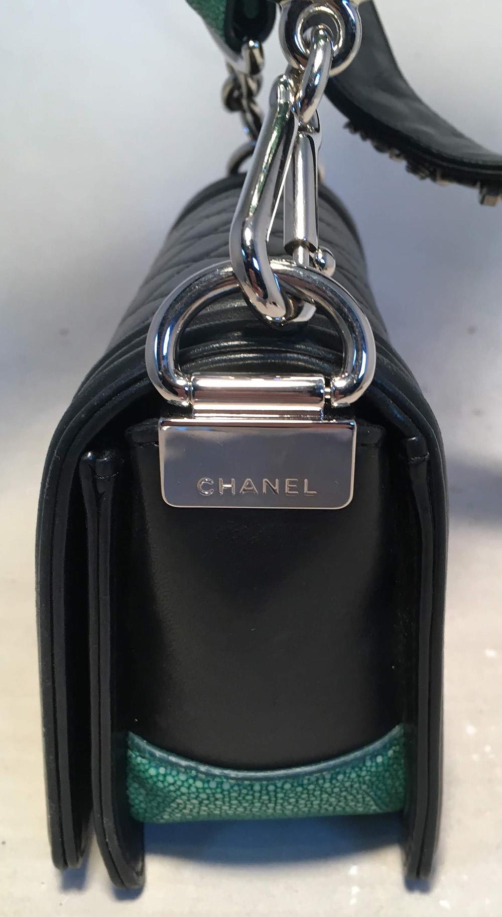 Chanel Black Mini Leather & Galuchat Le Boy Bag with Studded Strap in excellent condition. Black leather exterior with green stingray/galuchat sides and silver hardware. Unique removable wide leather studded shoulder strap with green galuchat ends