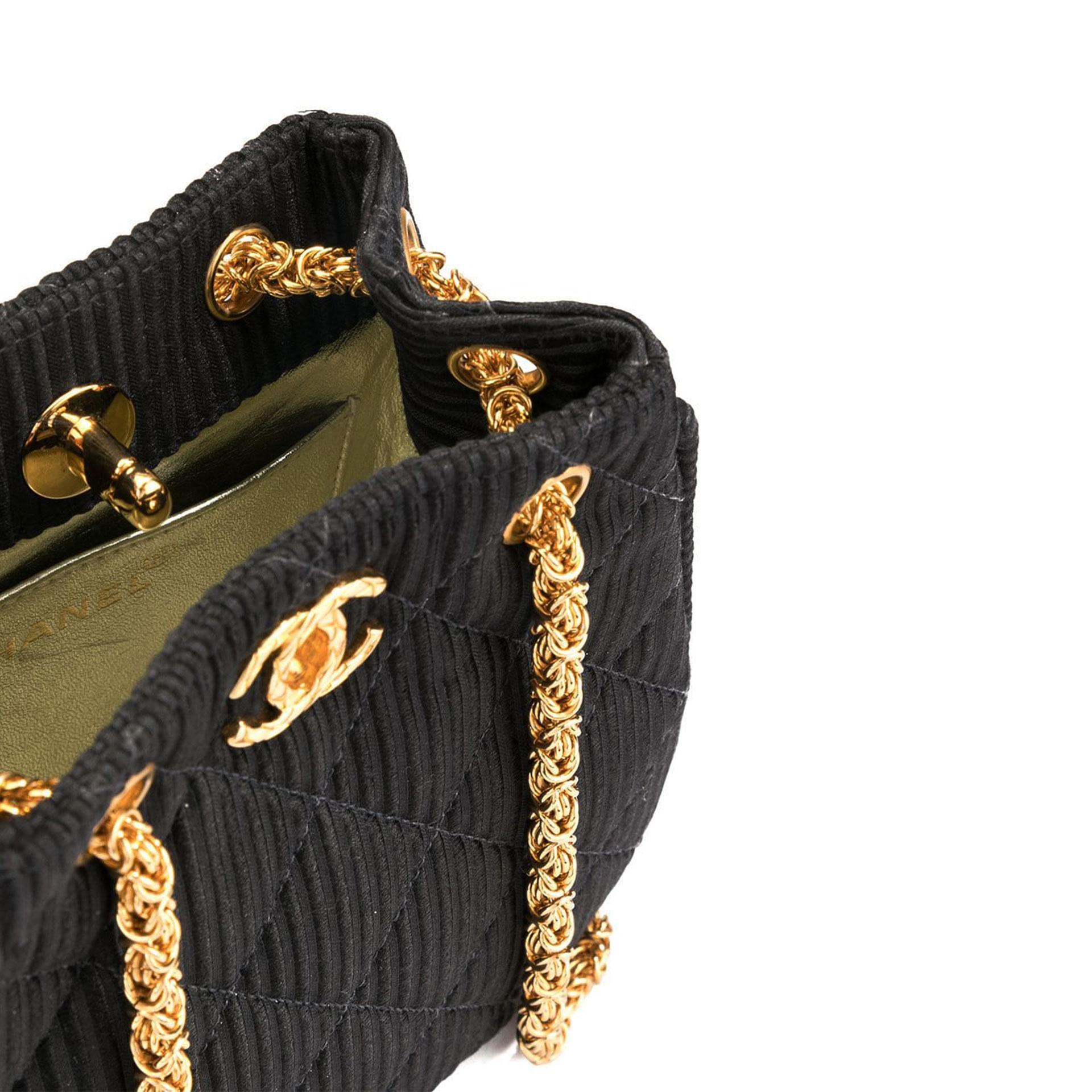 Chanel Black Mini Logo Satin Silk Texturized Shoulder Tote In Good Condition For Sale In Miami, FL
