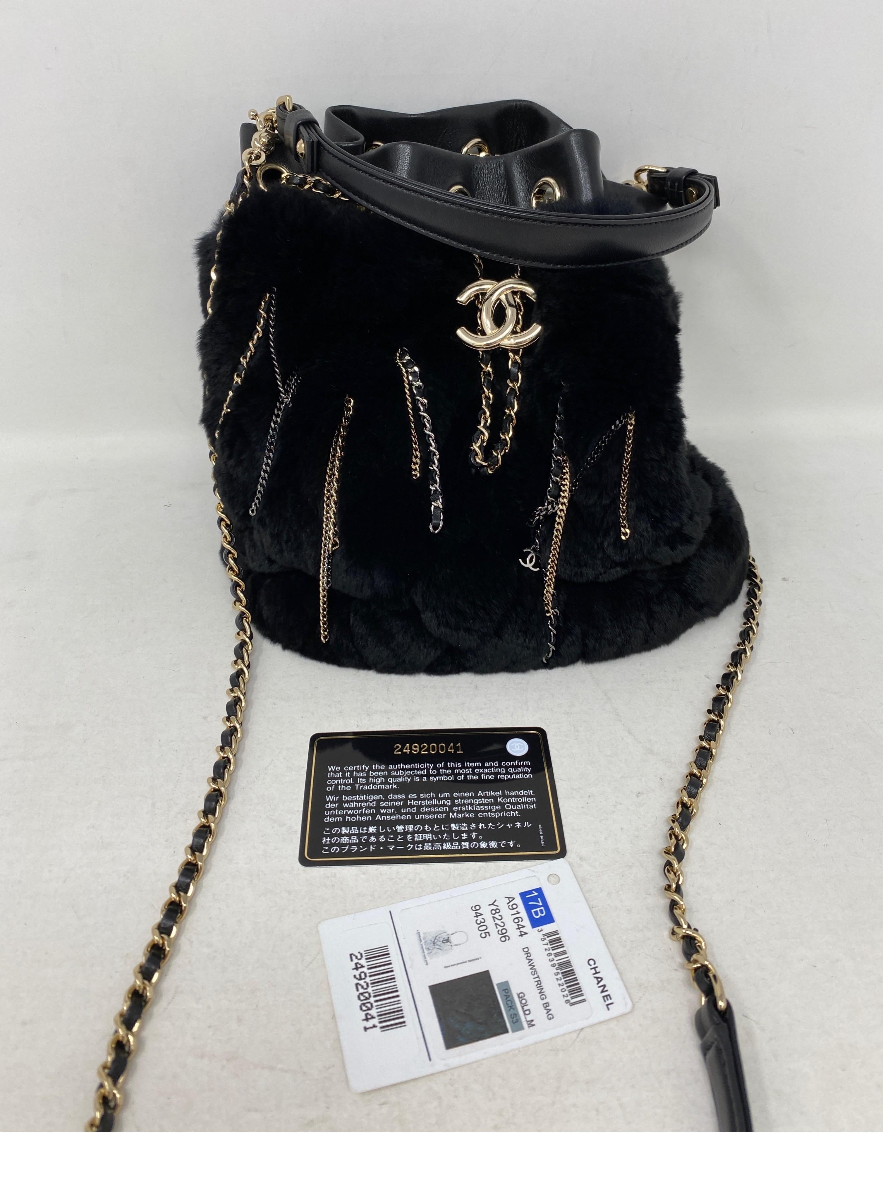 Chanel Black Mink Fur Bucket Bag. Gold chains details. Rare and limited bucket syle bag. Soft black mink fur and black leather bag. Mint like new condition. Includes original tag and authenticity card. Guaranteed authentic. 