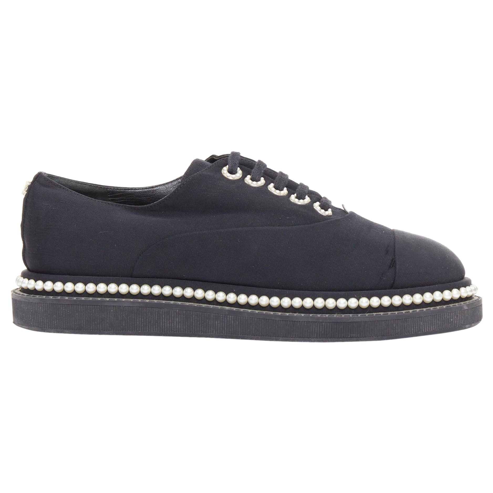 CHANEL black monochrome fabric faux pearl lace up derbies EU37.5