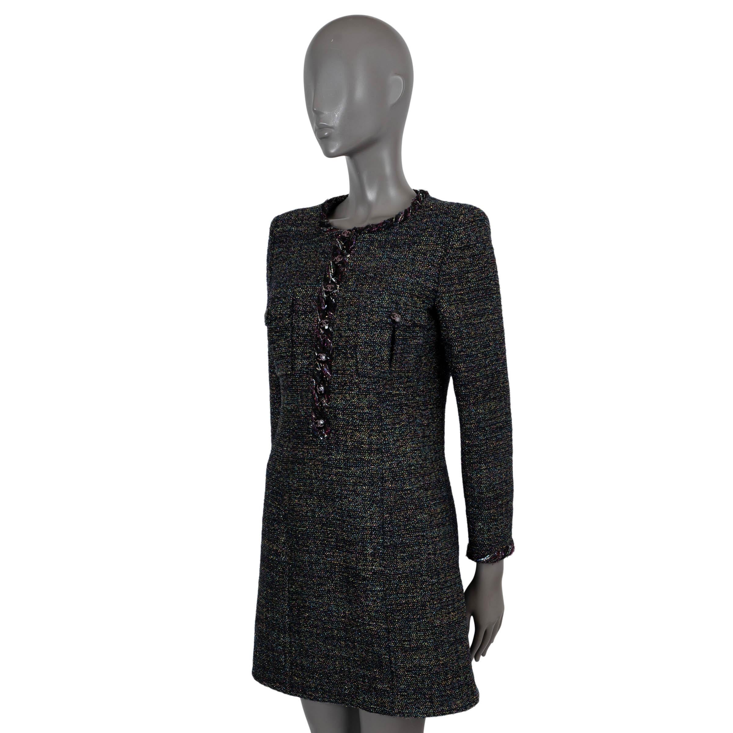 100% authentic Chanel tweed mini dress in black with multicolor lurex polyamide (49%), polyester (13%), linen (10%), acrylic (7%), cotton (7%), cupro (6%), viscose (4%). Features a collarless, tailored silhouette, two flap pockets at the chest, side