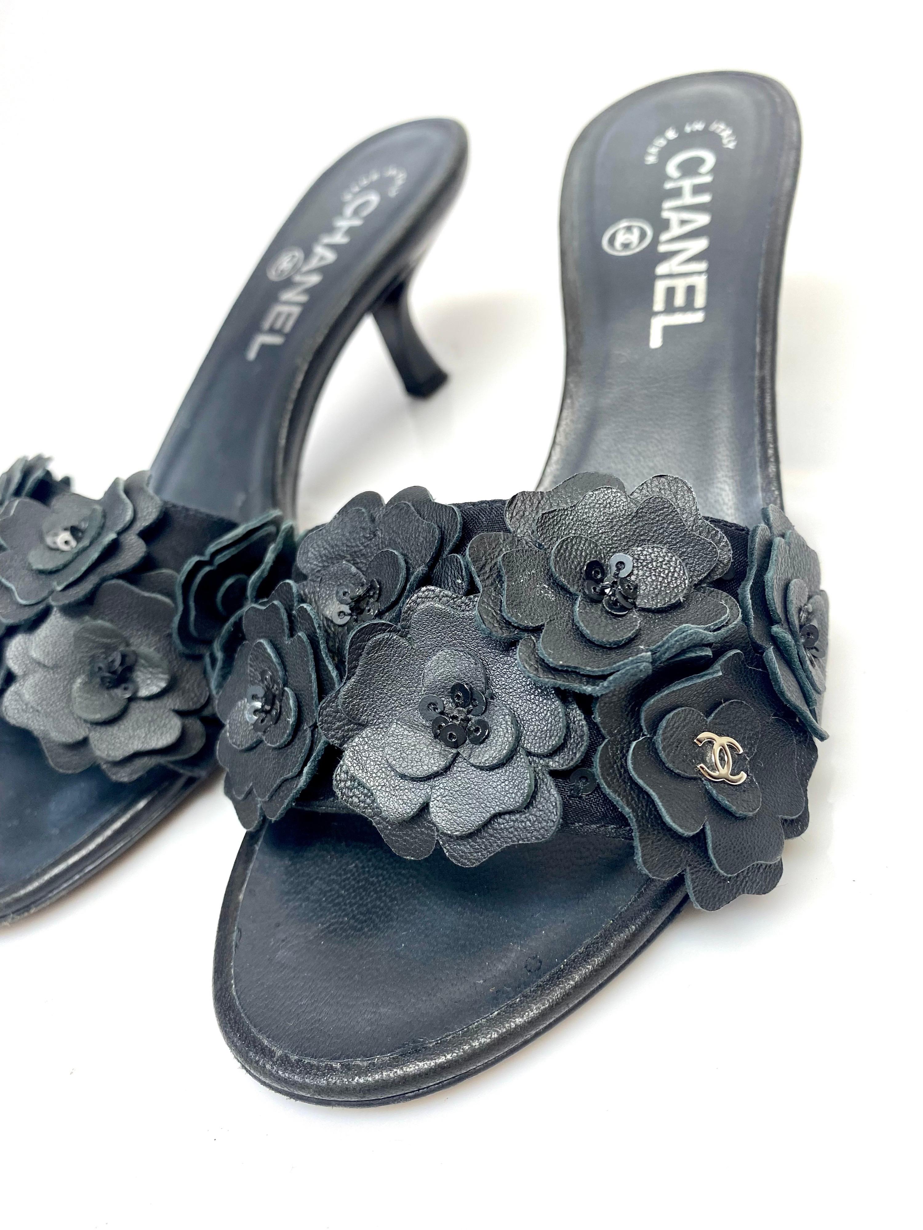 Women's Chanel Black Multi Camelia Slides - Size 35.5  For Sale