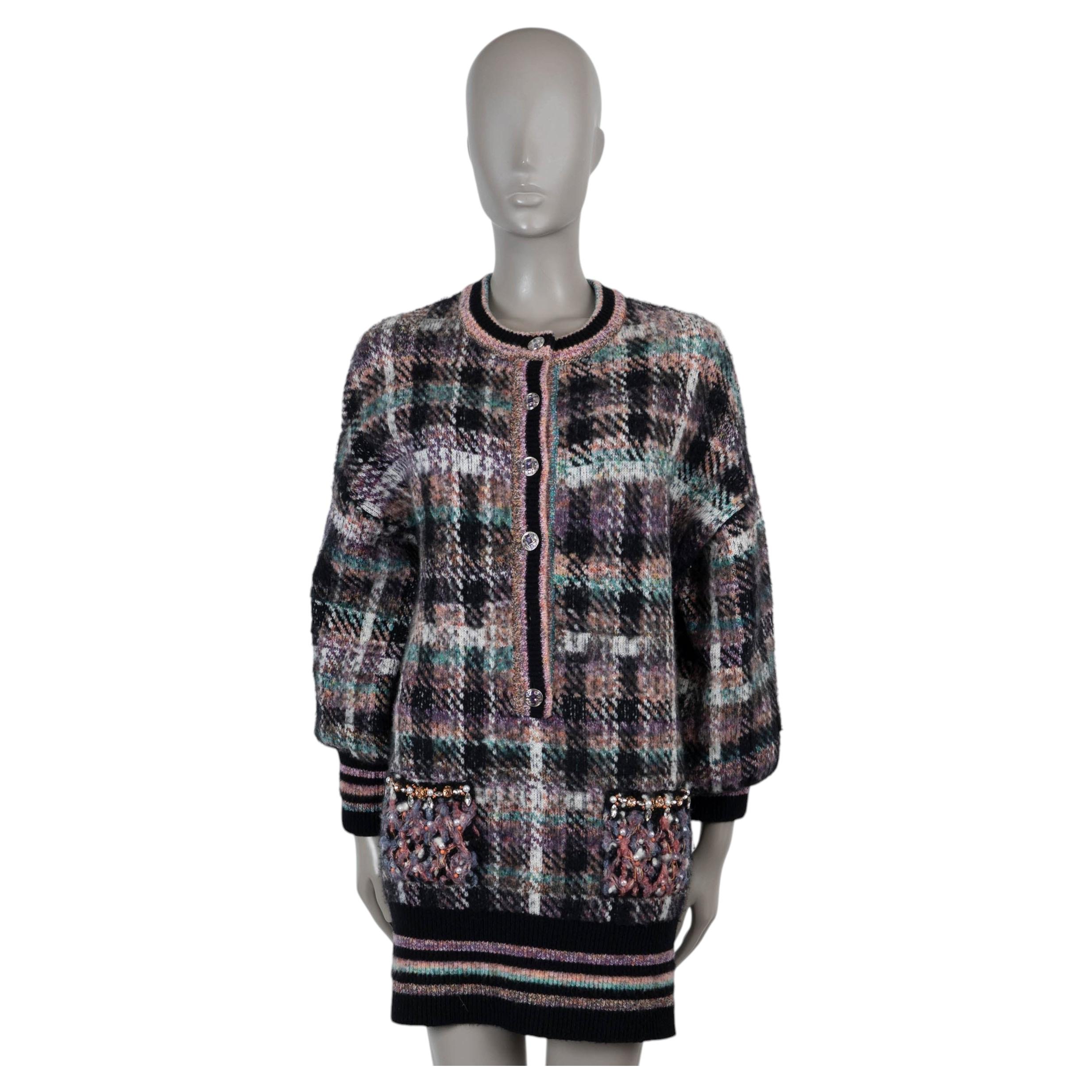 CHANEL black & multi cashmere 22A FLORENCE EMBELLISHED PLAID Dress 36 XS