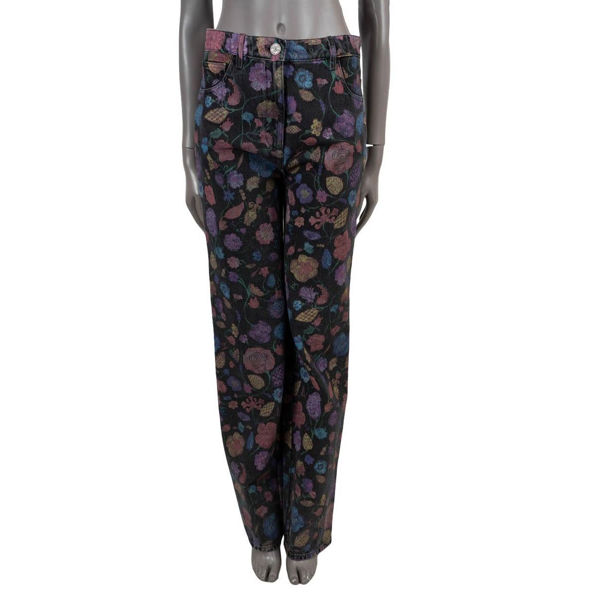 CHANEL - Pantalon 21A CHATEAU DES DAMES FLORAL JEANS en coton noir et multicolore 38 S