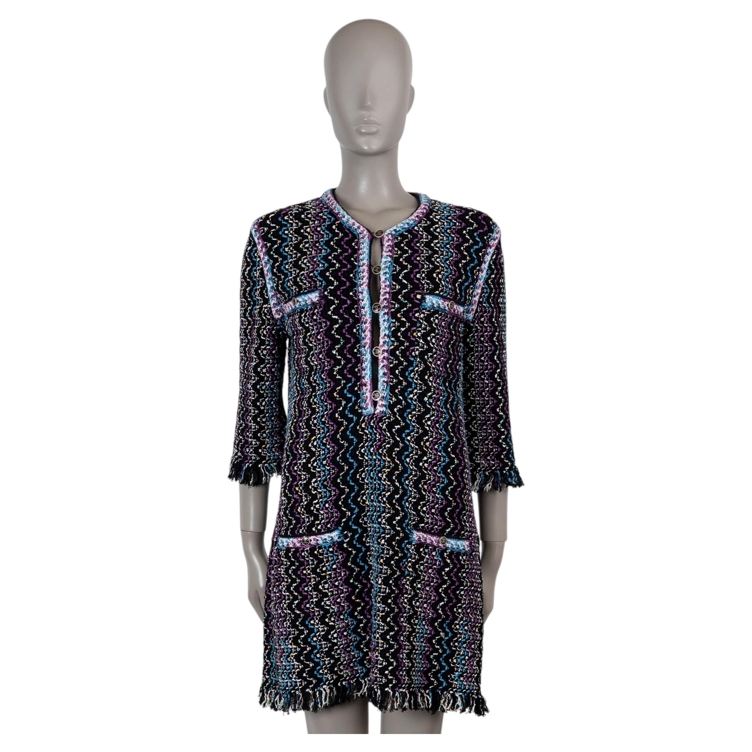 CHANEL black & multi cotton 21P FRINGE TRIM TUNIC KNIT Dress 40 M