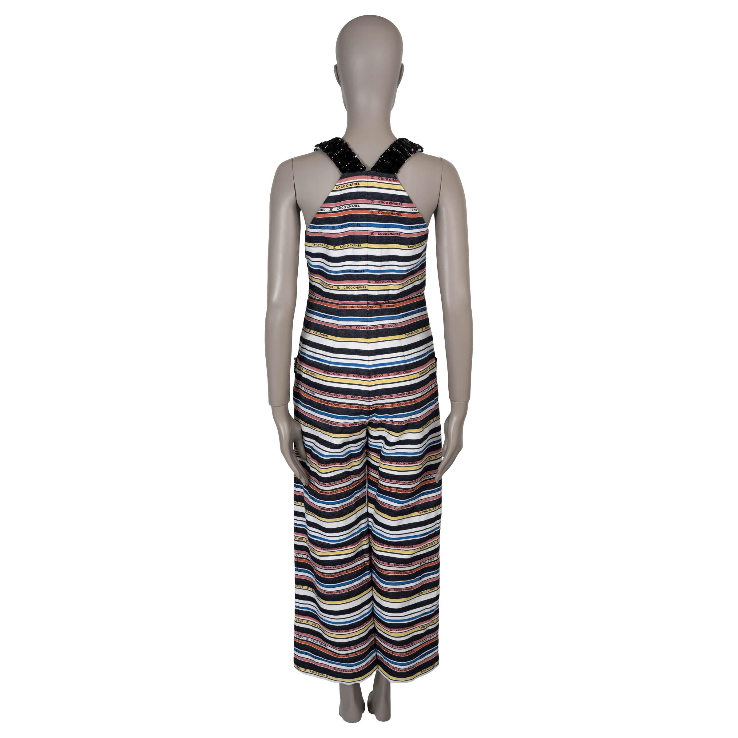 Black CHANEL black & multi cotton 22S SEQUIN TRIM STRIPED Jumpsuit 36 XS For Sale