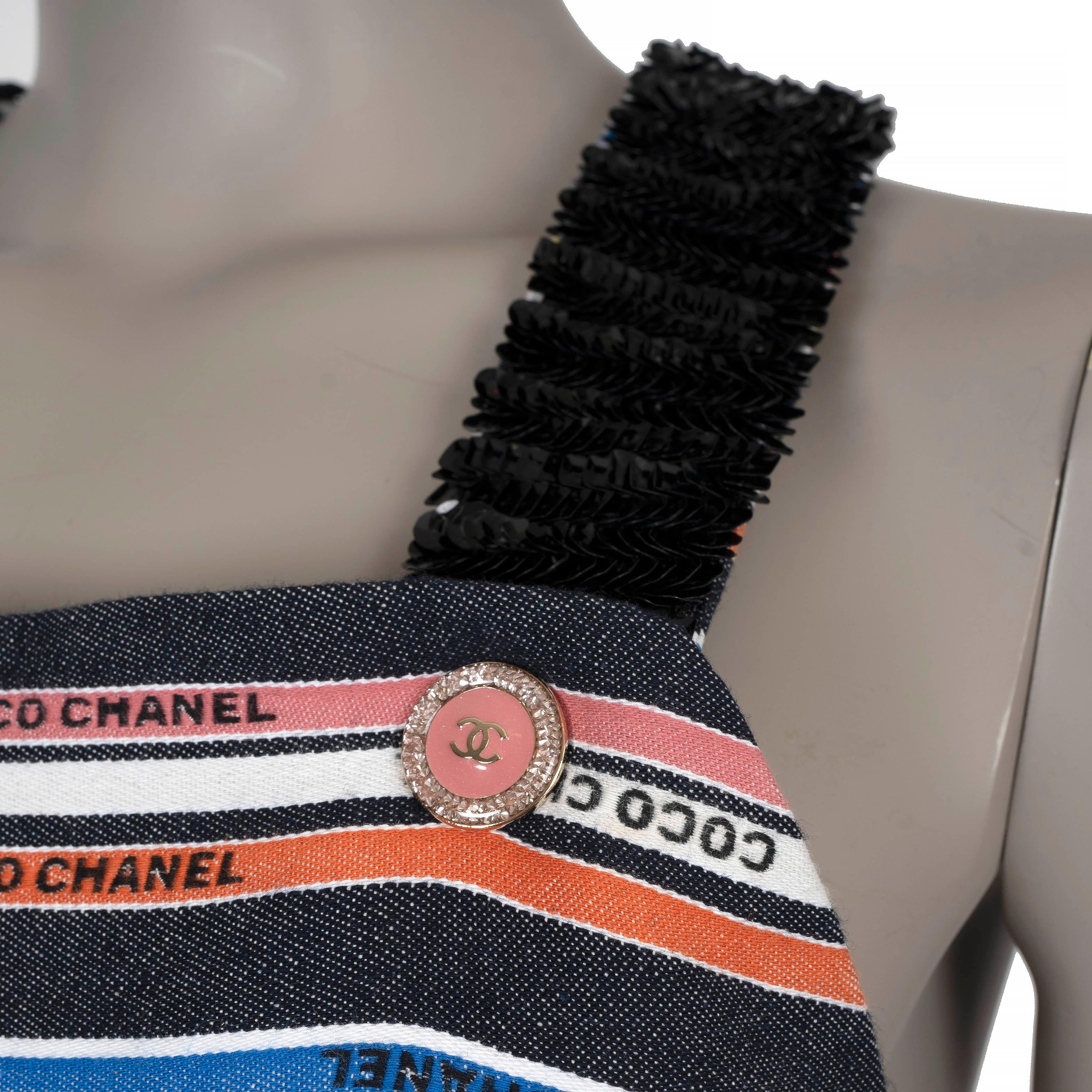 Women's CHANEL black & multi cotton 22S SEQUIN TRIM STRIPED Jumpsuit 36 XS For Sale