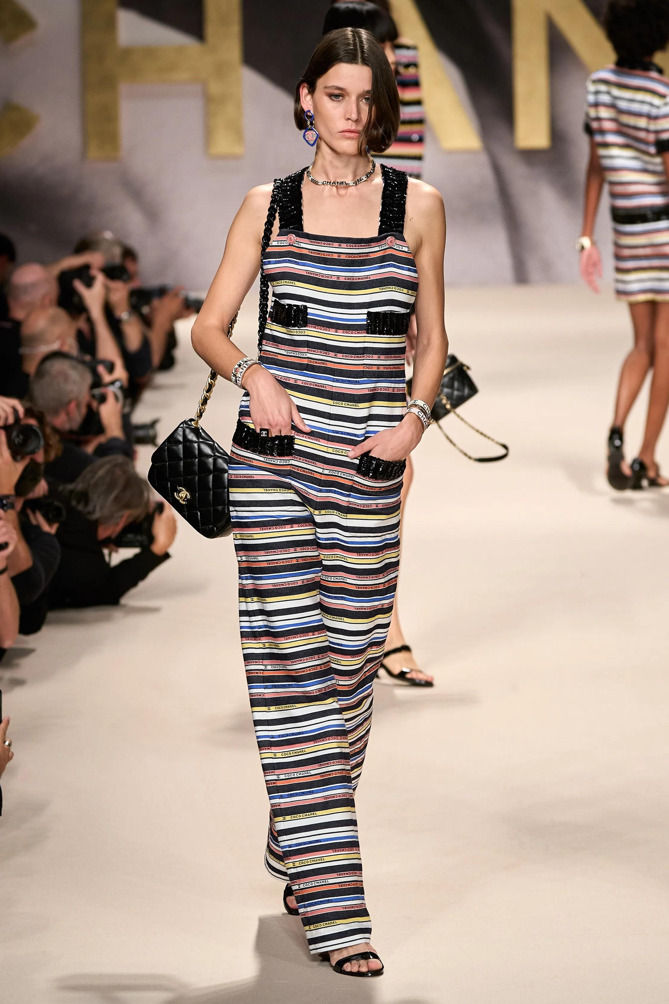 CHANEL black & multi cotton 22S SEQUIN TRIM STRIPED Jumpsuit 36 XS For Sale 3