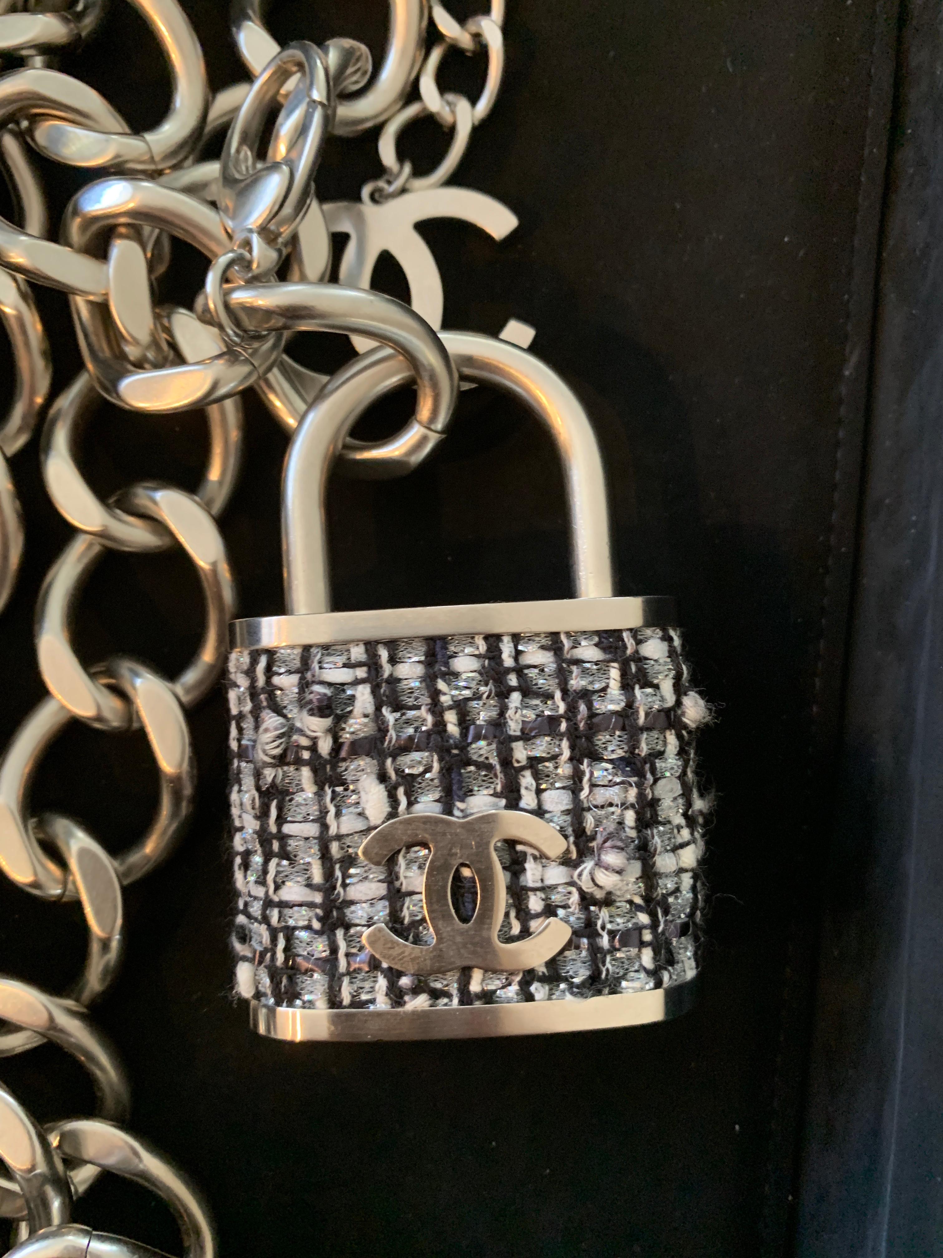 Beige Chanel Black Multi Lock In Tweed Color Oversize Locket Silver Lock Belt