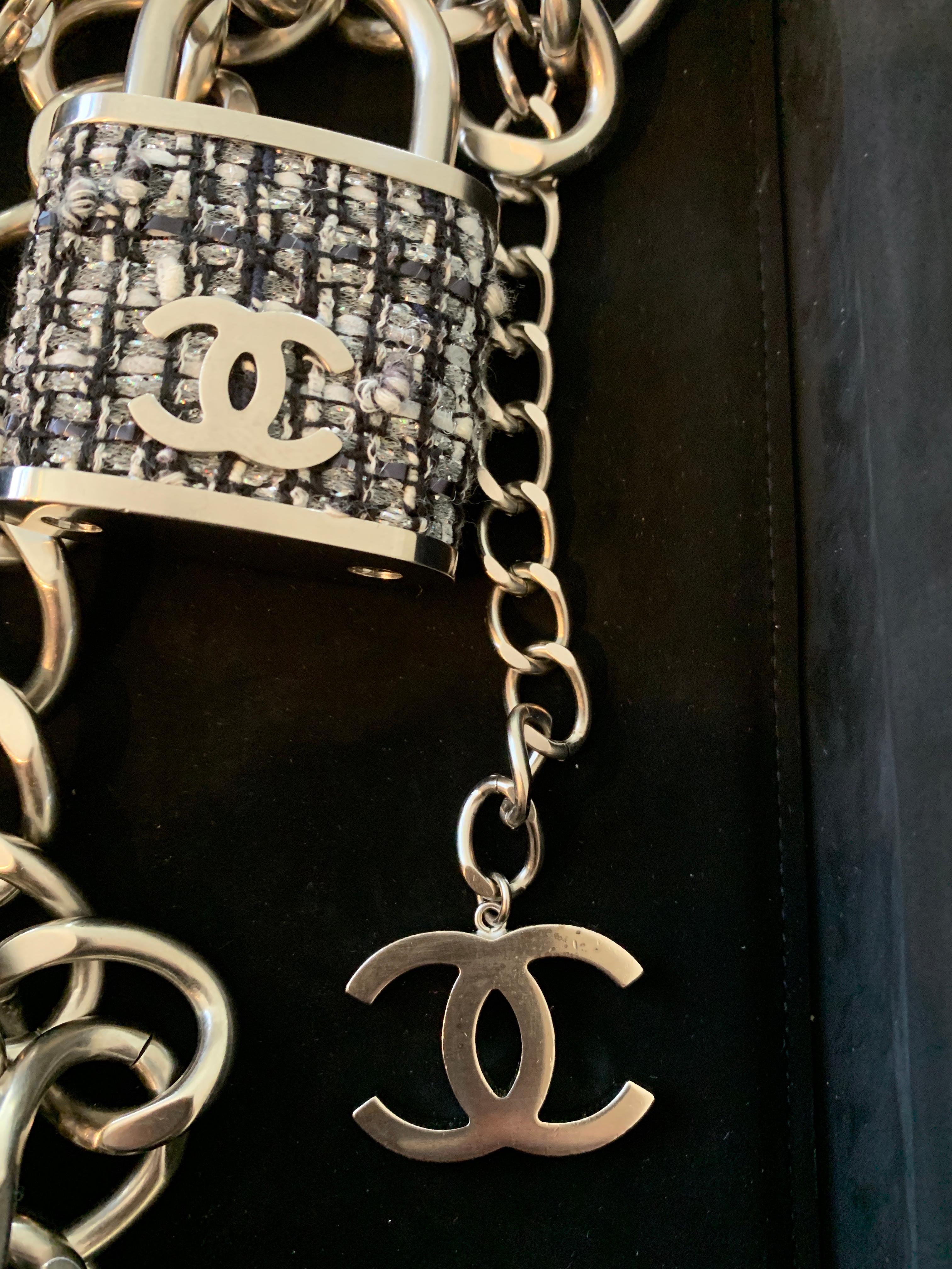 Women's or Men's Chanel Black Multi Lock In Tweed Color Oversize Locket Silver Lock Belt