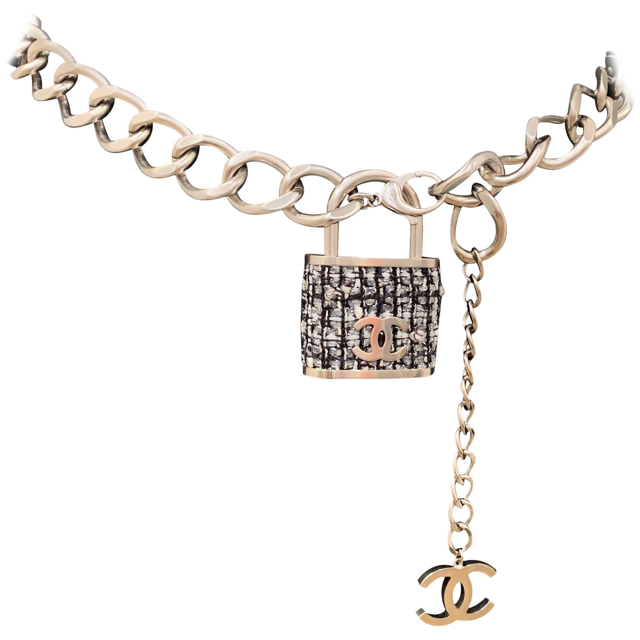 Chanel Black Multi Lock In Tweed Color Oversize Locket Silver Lock Belt