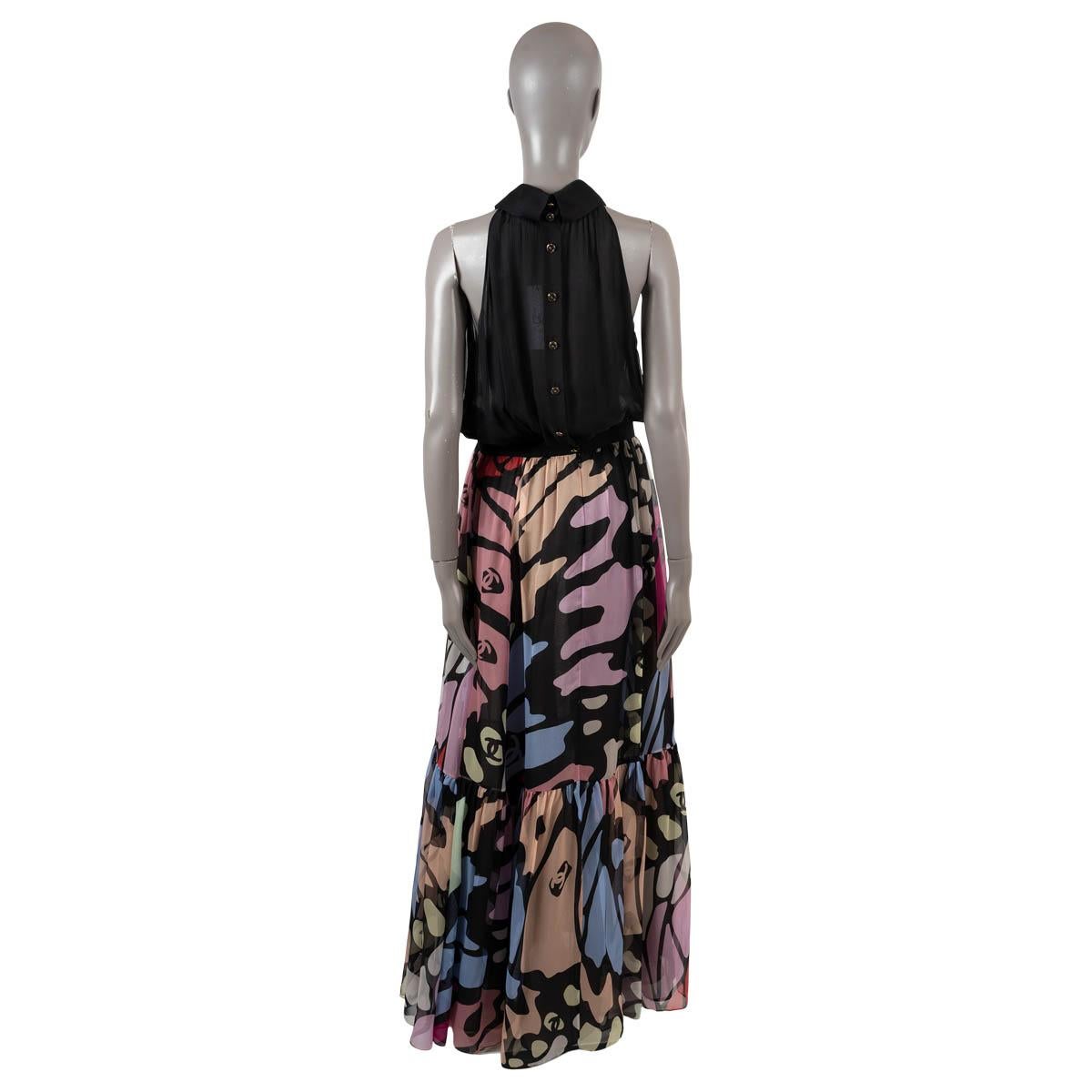 Women's CHANEL black & multi silk 2022 22S FLORAL CHIFFON MAXI Dress 42 L For Sale