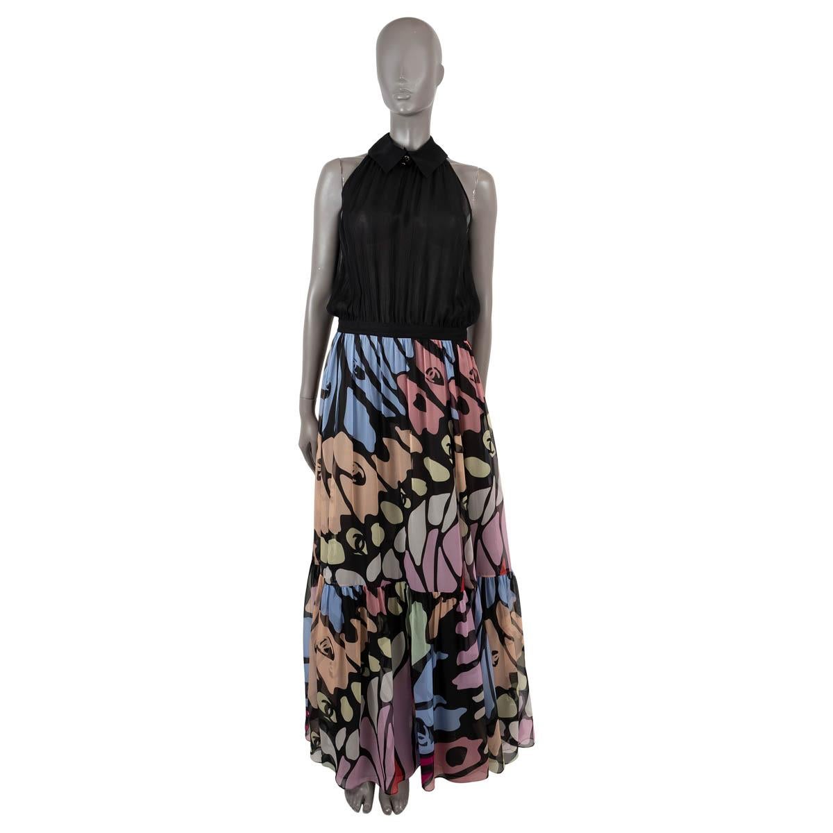 CHANEL black & multi silk 2022 22S FLORAL CHIFFON MAXI Dress 42 L For Sale