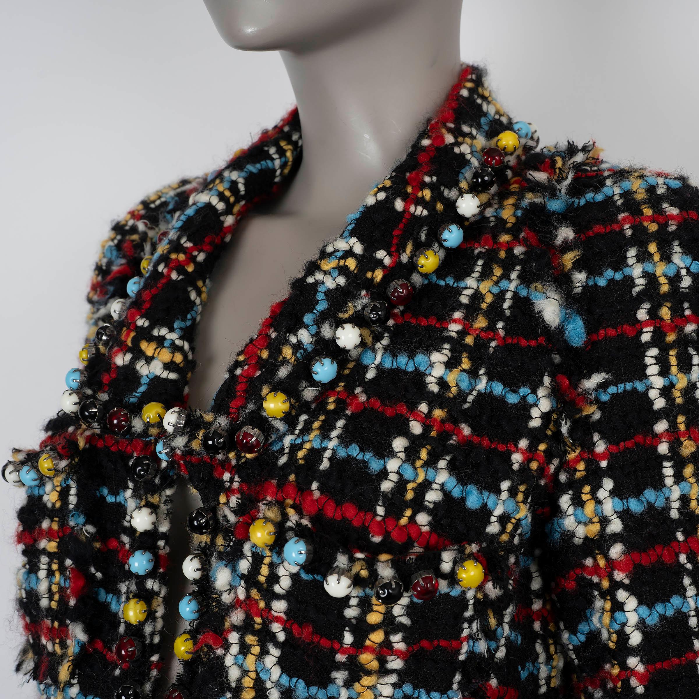 CHANEL black & multi wool 07A BEADED TWEED Coat Jacket S in vendita 1