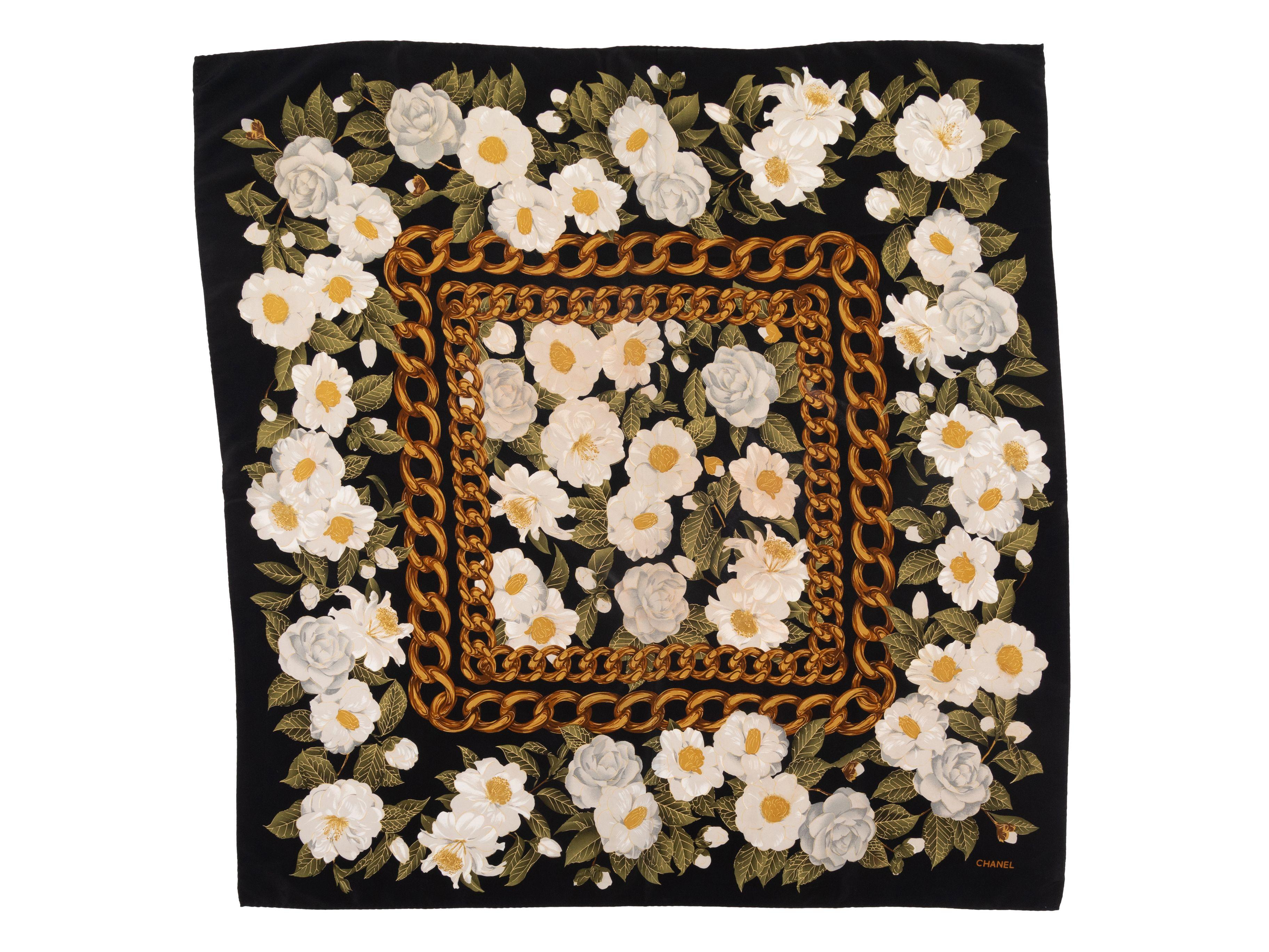 Chanel Black & Multicolor Camellia Print Silk Scarf In Good Condition In New York, NY