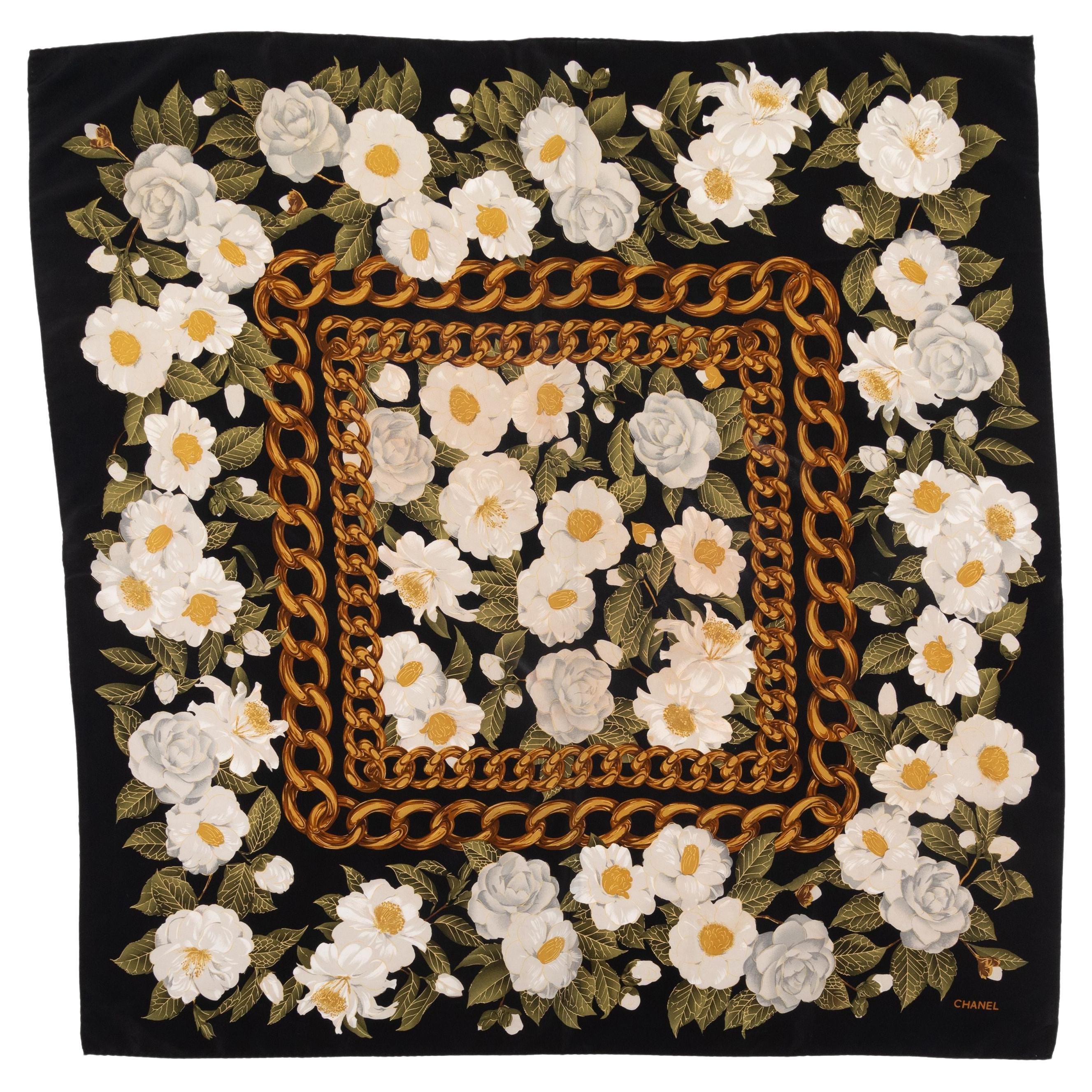 Chanel Black & Multicolor Camellia Print Silk Scarf