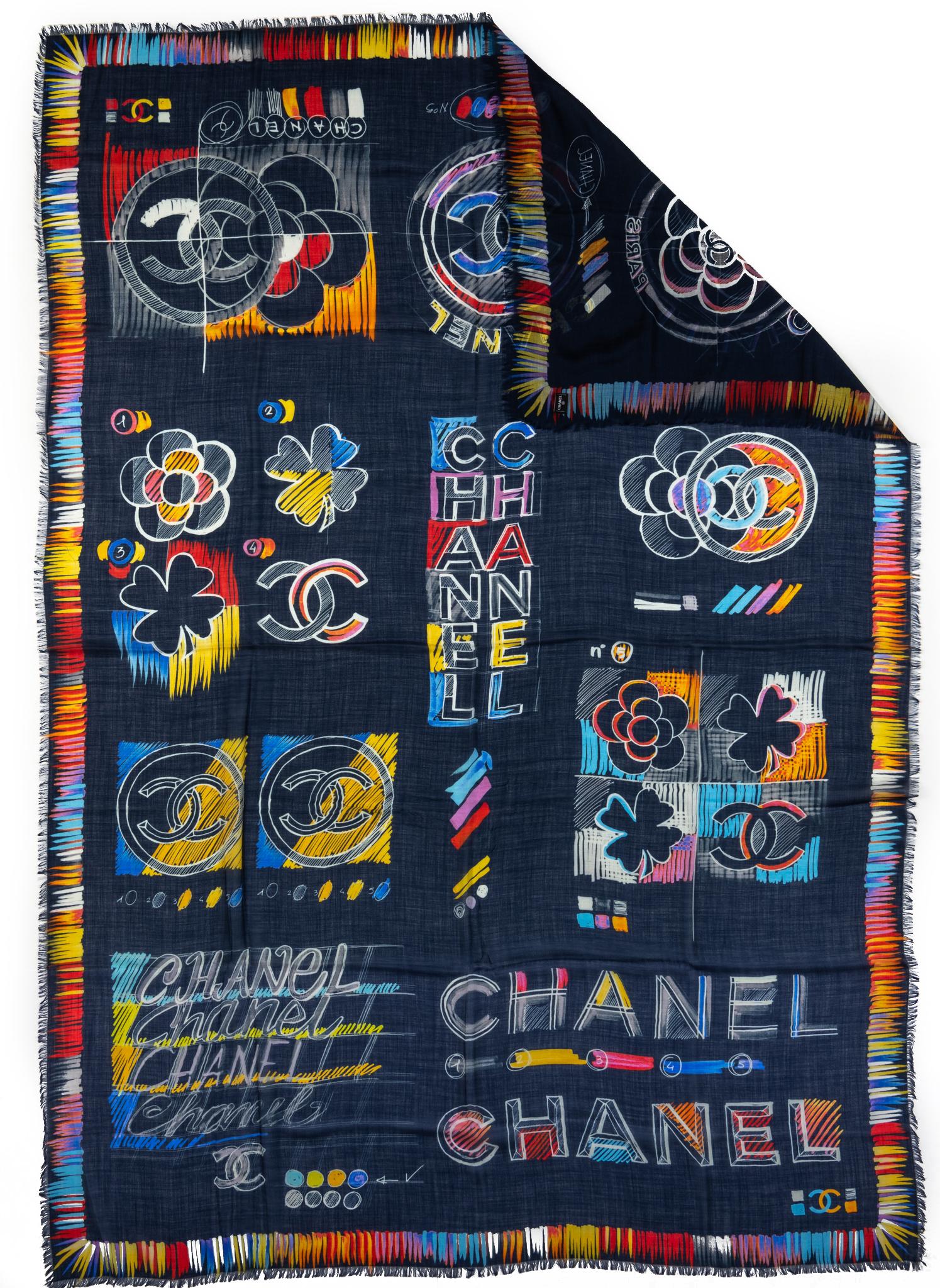Chanel brand new cashmere and silk black and multicolor logo design shawl. Care tag.
