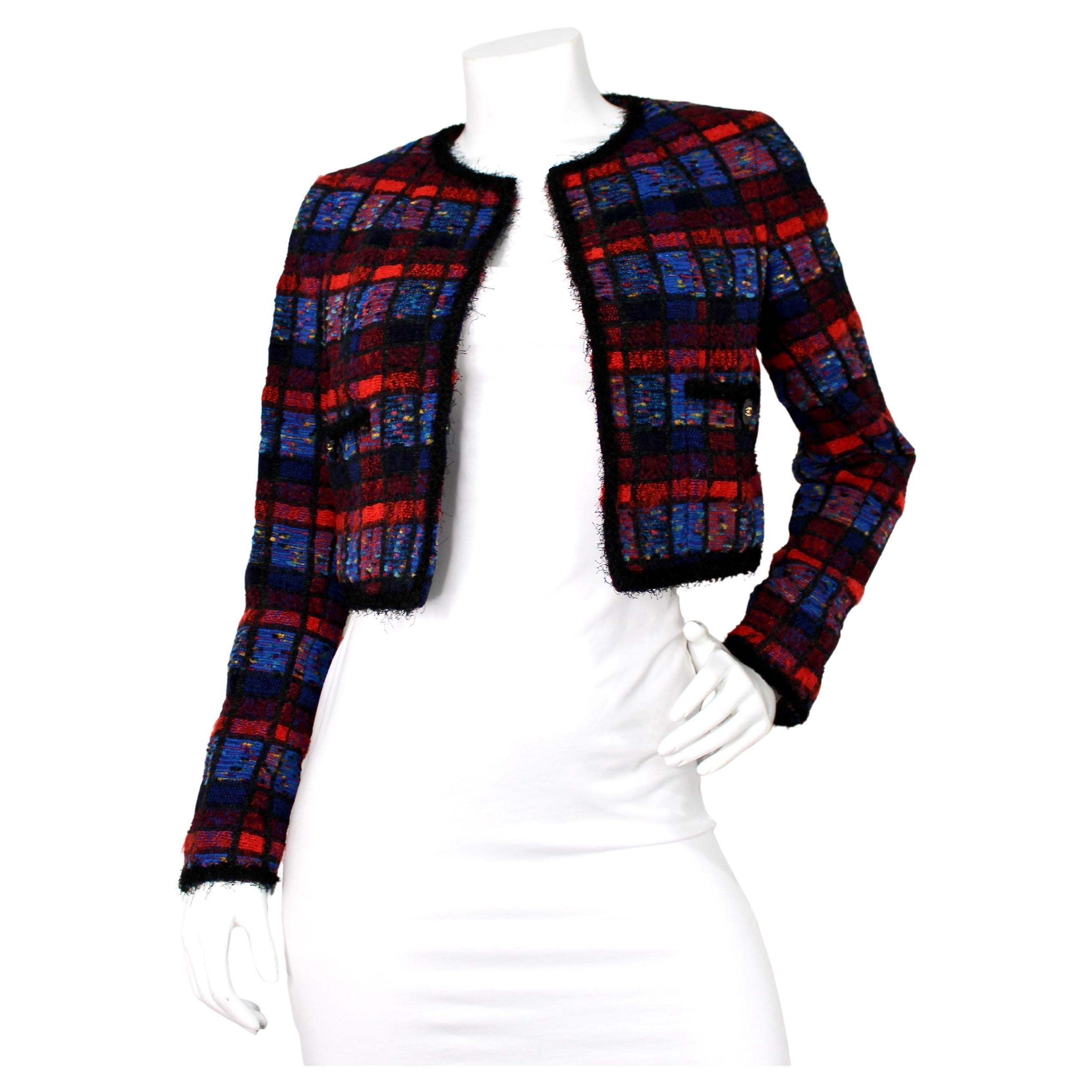 Chanel Black & Multicolor Plaid Distressed Tweed Cropped Jacket circa 1996