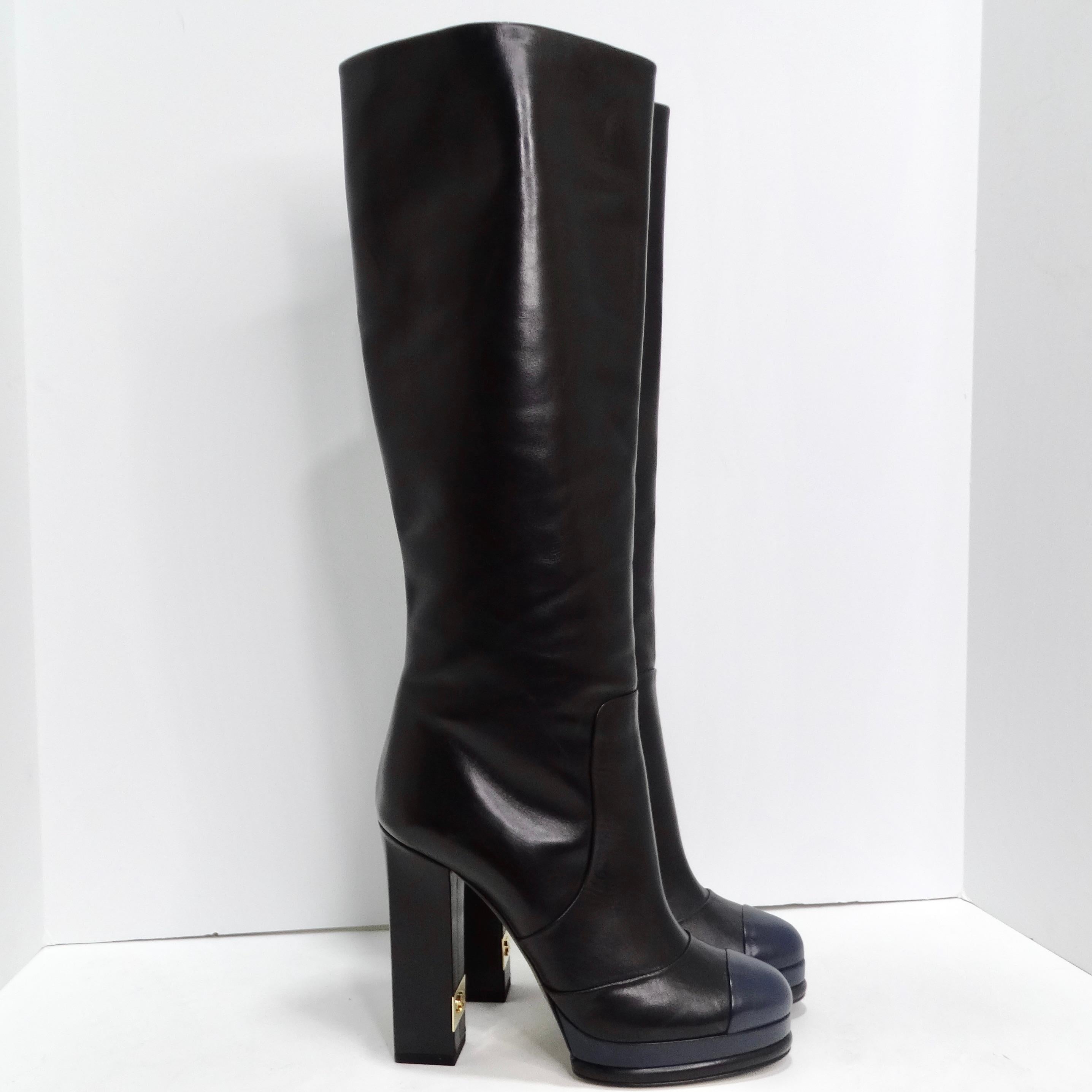 Chanel Black/Navy Blue Leather CC Boots For Sale 1
