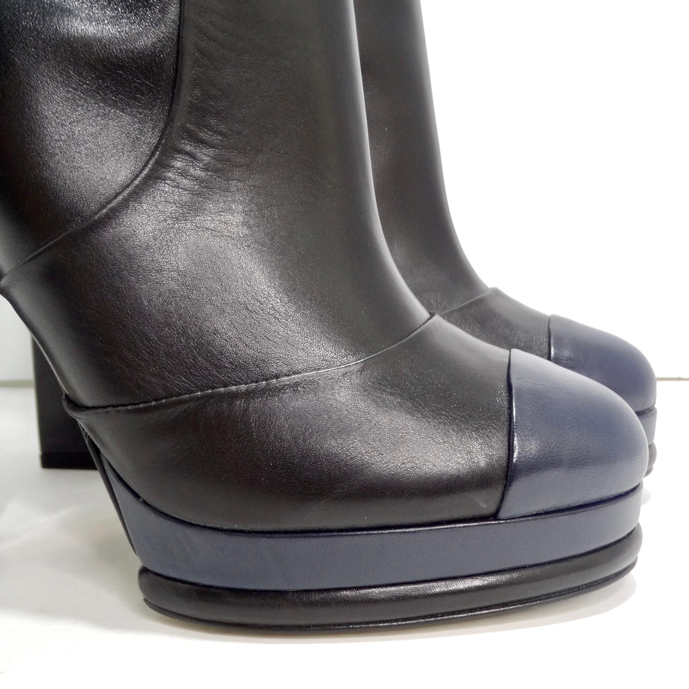 Chanel Black/Navy Blue Leather CC Boots For Sale 2