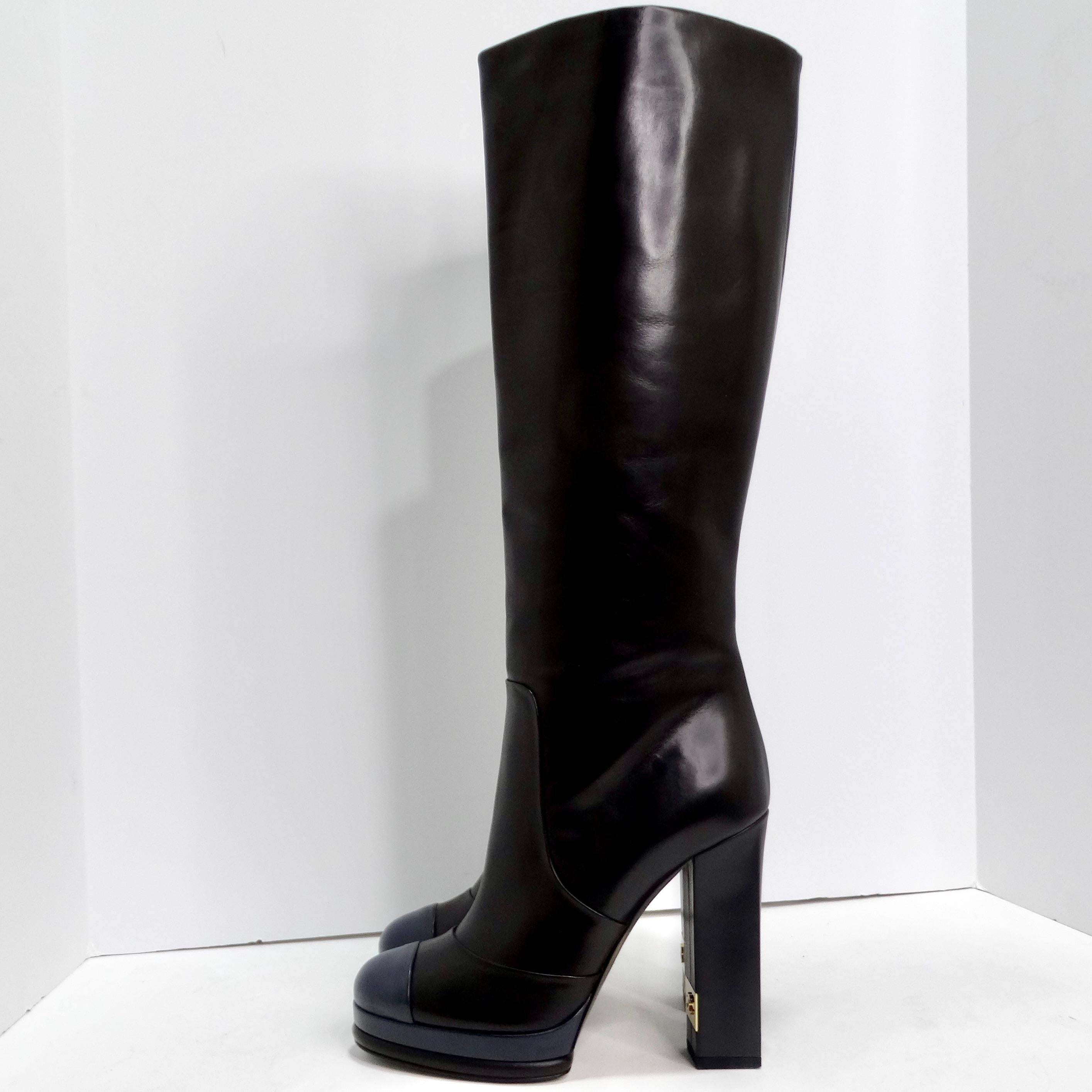 Chanel Black/Navy Blue Leather CC Boots For Sale 4