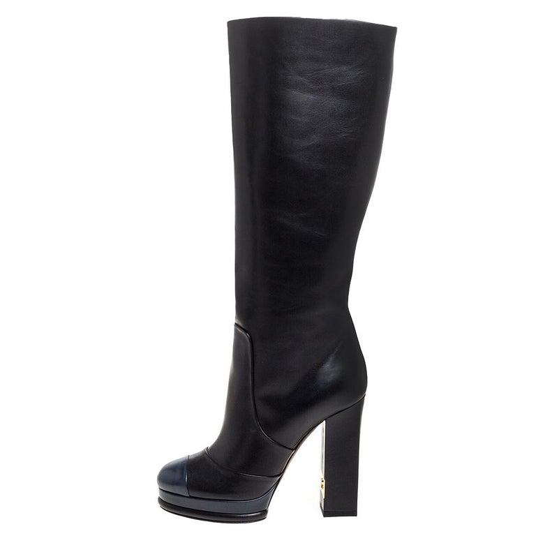 Chanel Black/Navy Blue Leather CC Knee Cap Toe Length Boots Size 35.5 ...