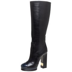 Chanel Black/Navy Blue Leather CC Knee Cap Toe Length Boots Size 35.5