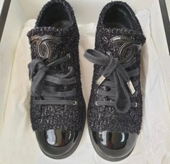 Chanel Black Navy Blue Shimmery Tweed Patent Leather Cap Toe Sneakers