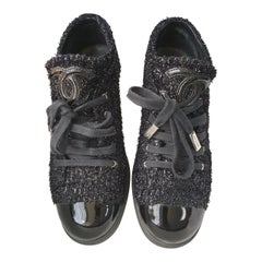 Chanel Black Navy Blue Shimmery Tweed Patent Leather Cap Toe Sneakers