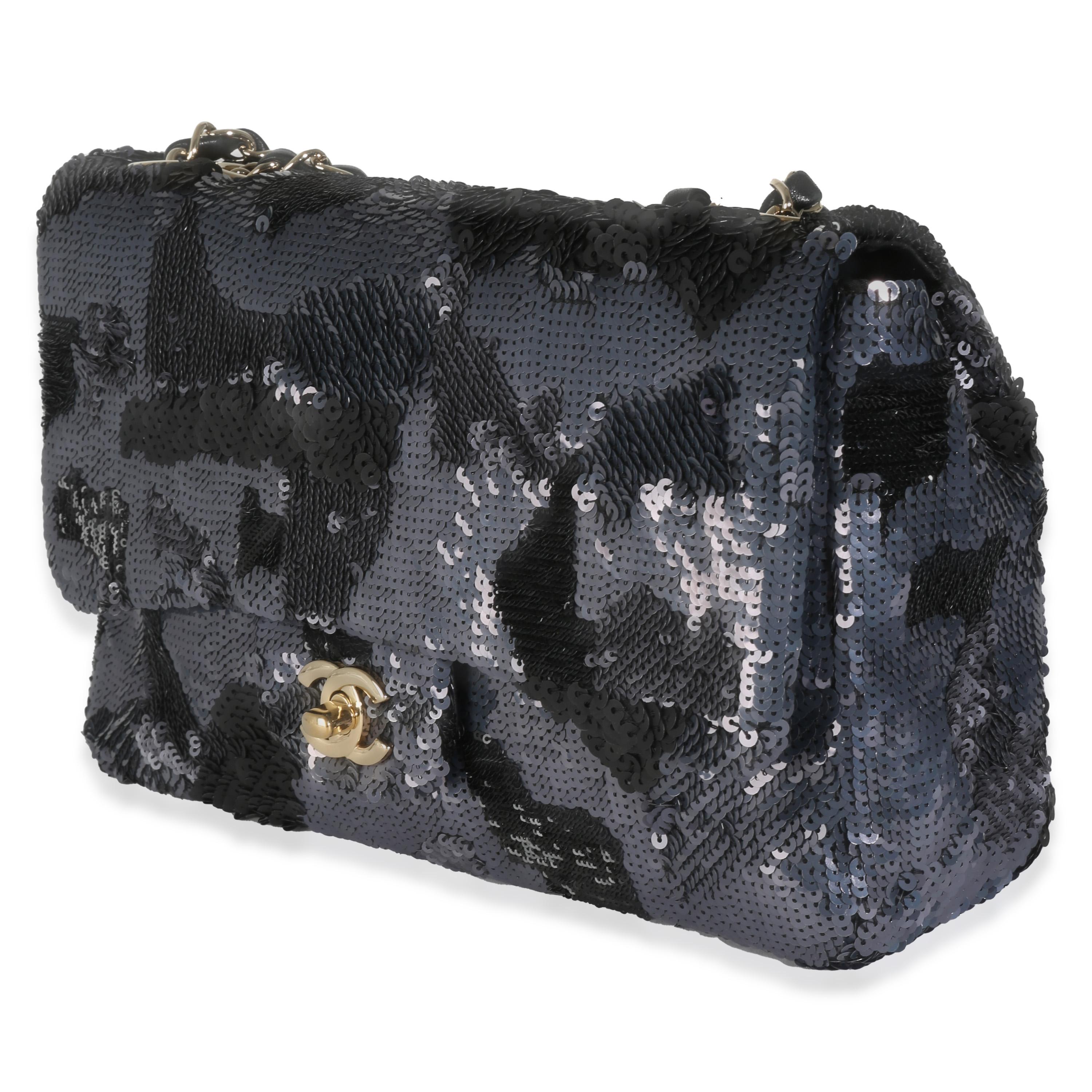 Women's or Men's Chanel Black Navy Camo Sequin Medium Single Flap Bag For Sale