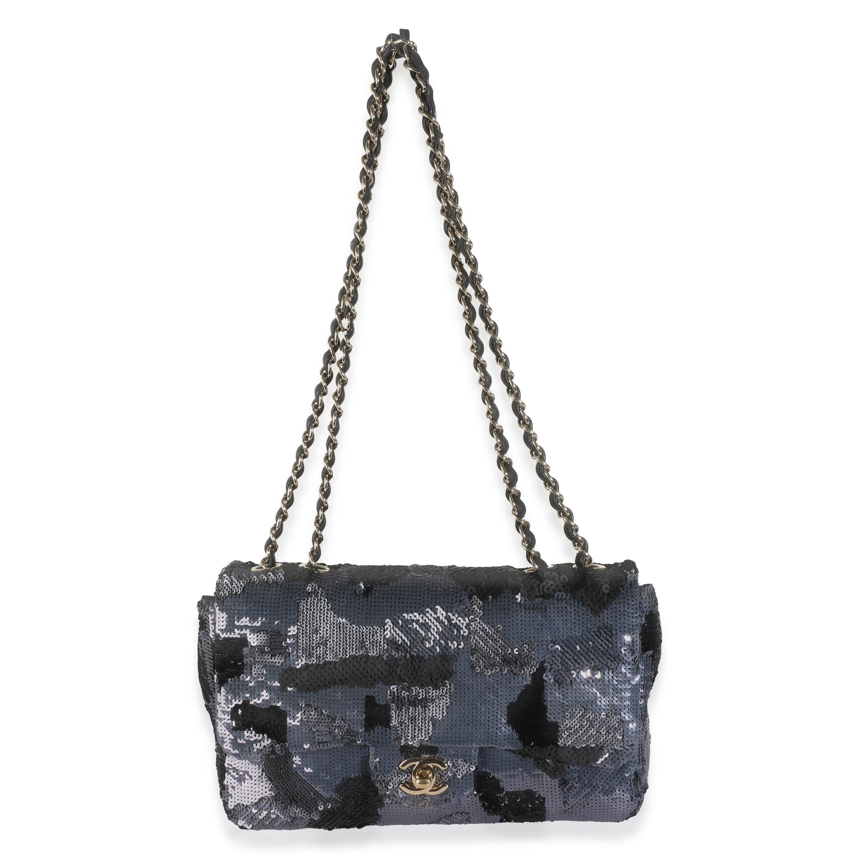 Chanel Black Navy Camo Sequin Medium Single Flap Bag For Sale 2