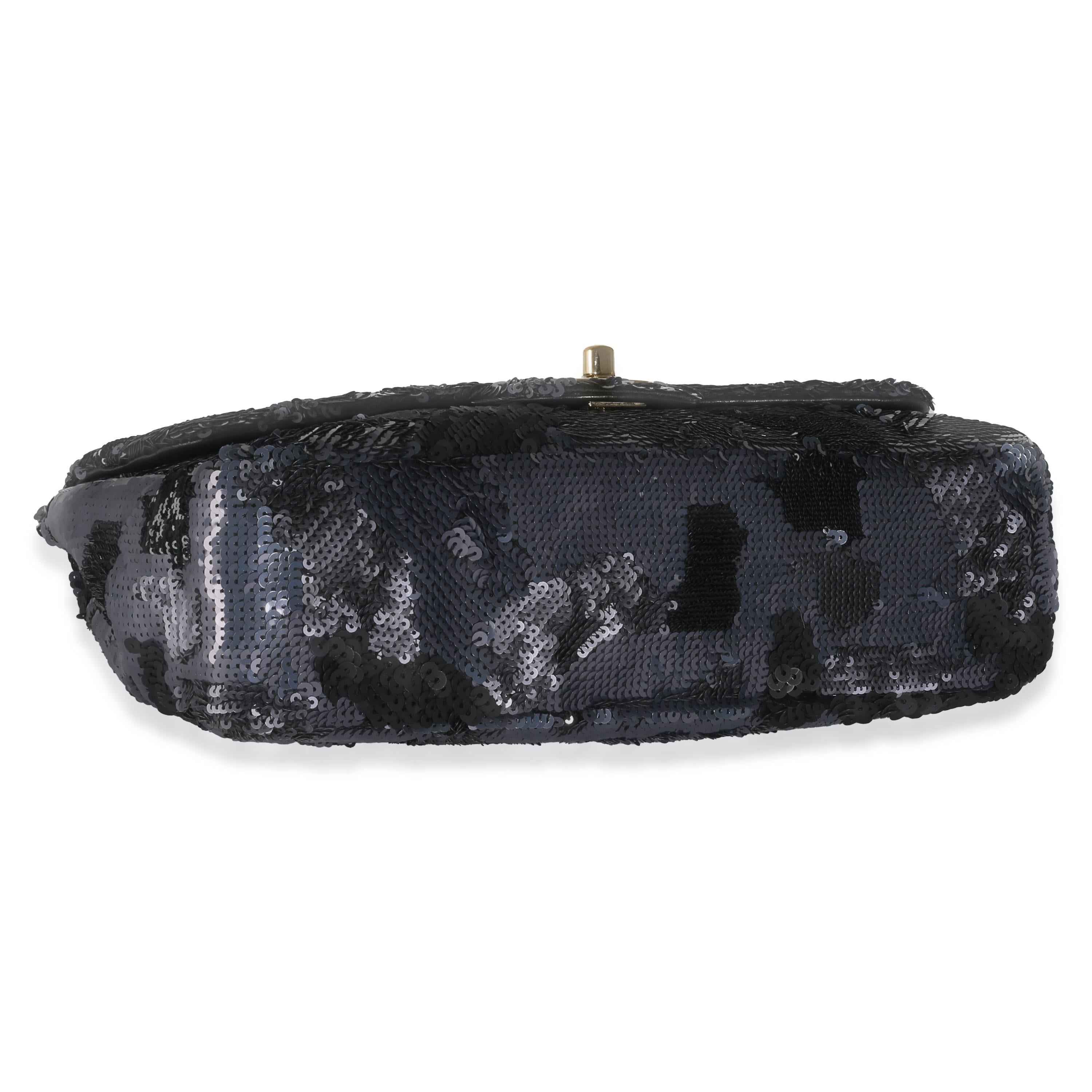 Chanel Black Navy Camo Sequin Medium Single Flap Bag For Sale 3