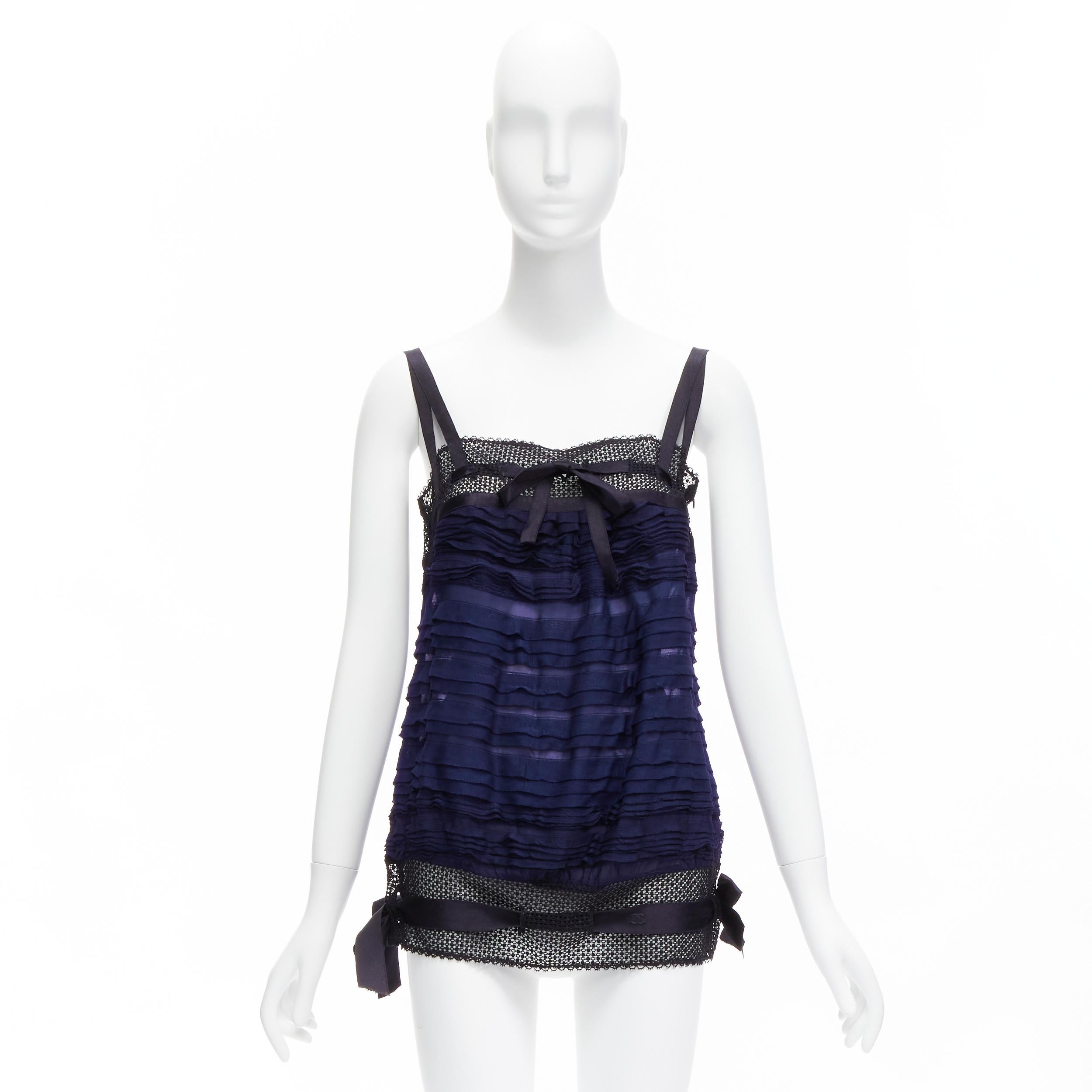 CHANEL black navy CC logo ribbon pleat tiered layered vest top FR40 L For Sale 5
