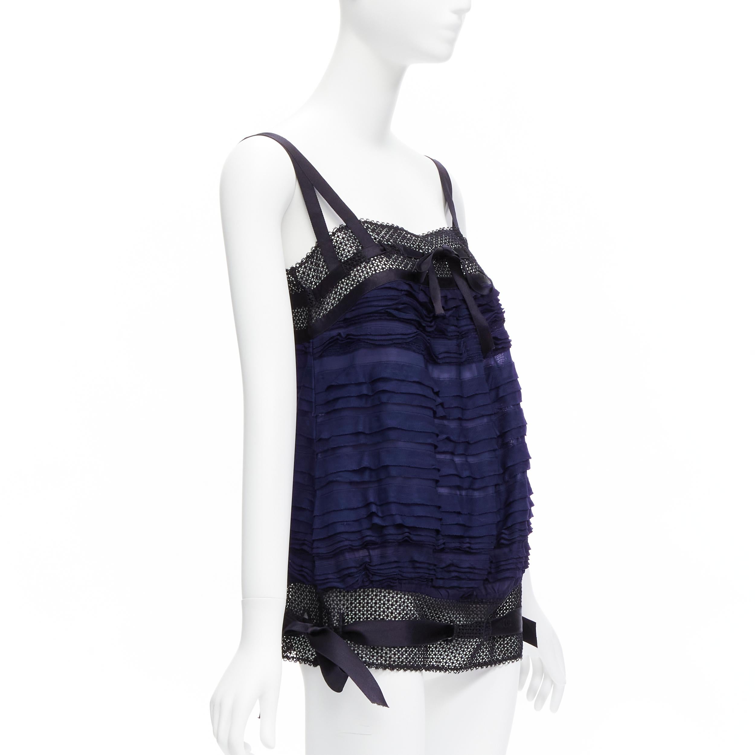 Black CHANEL black navy CC logo ribbon pleat tiered layered vest top FR40 L For Sale