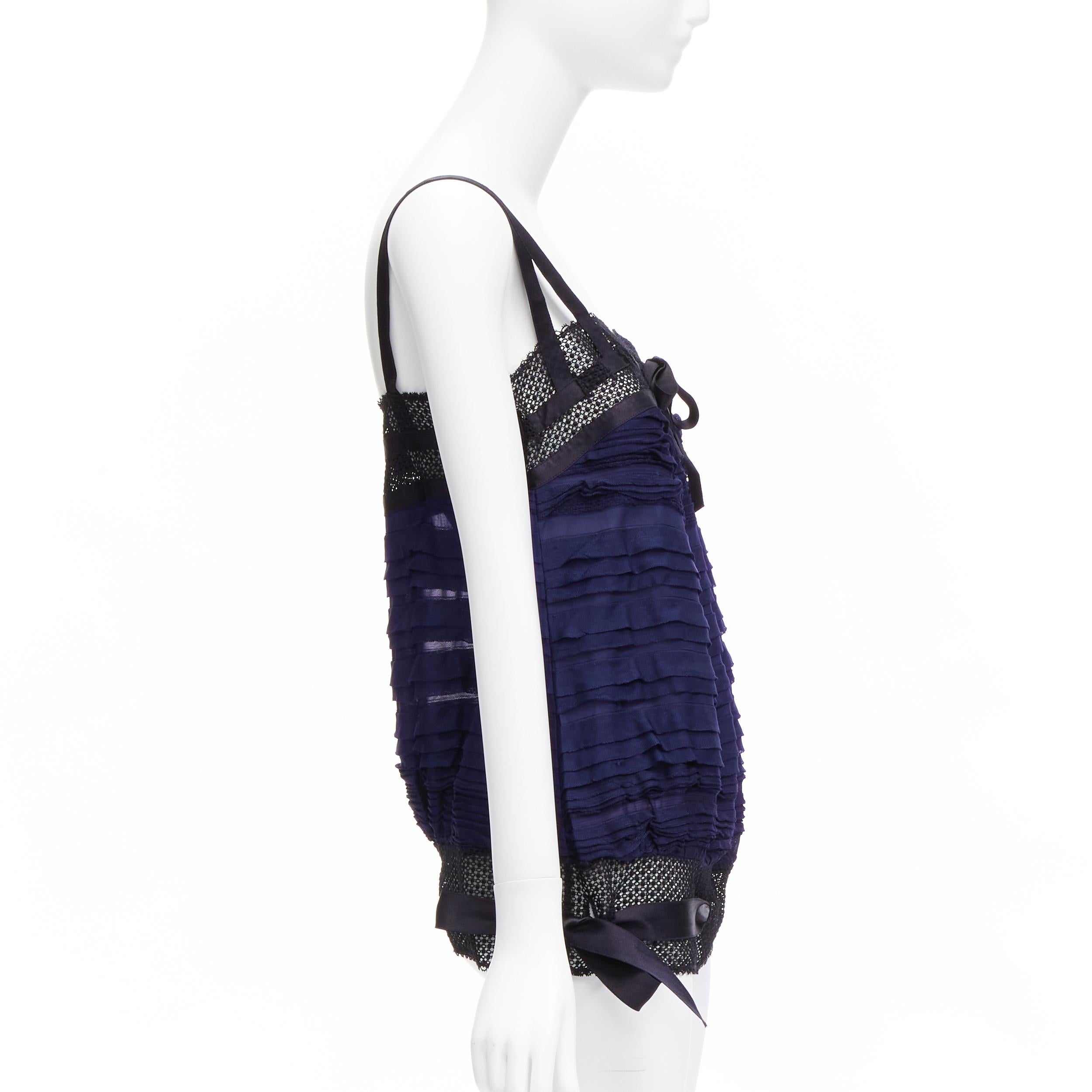 CHANEL black navy CC logo ribbon pleat tiered layered vest top FR40 L In Excellent Condition In Hong Kong, NT