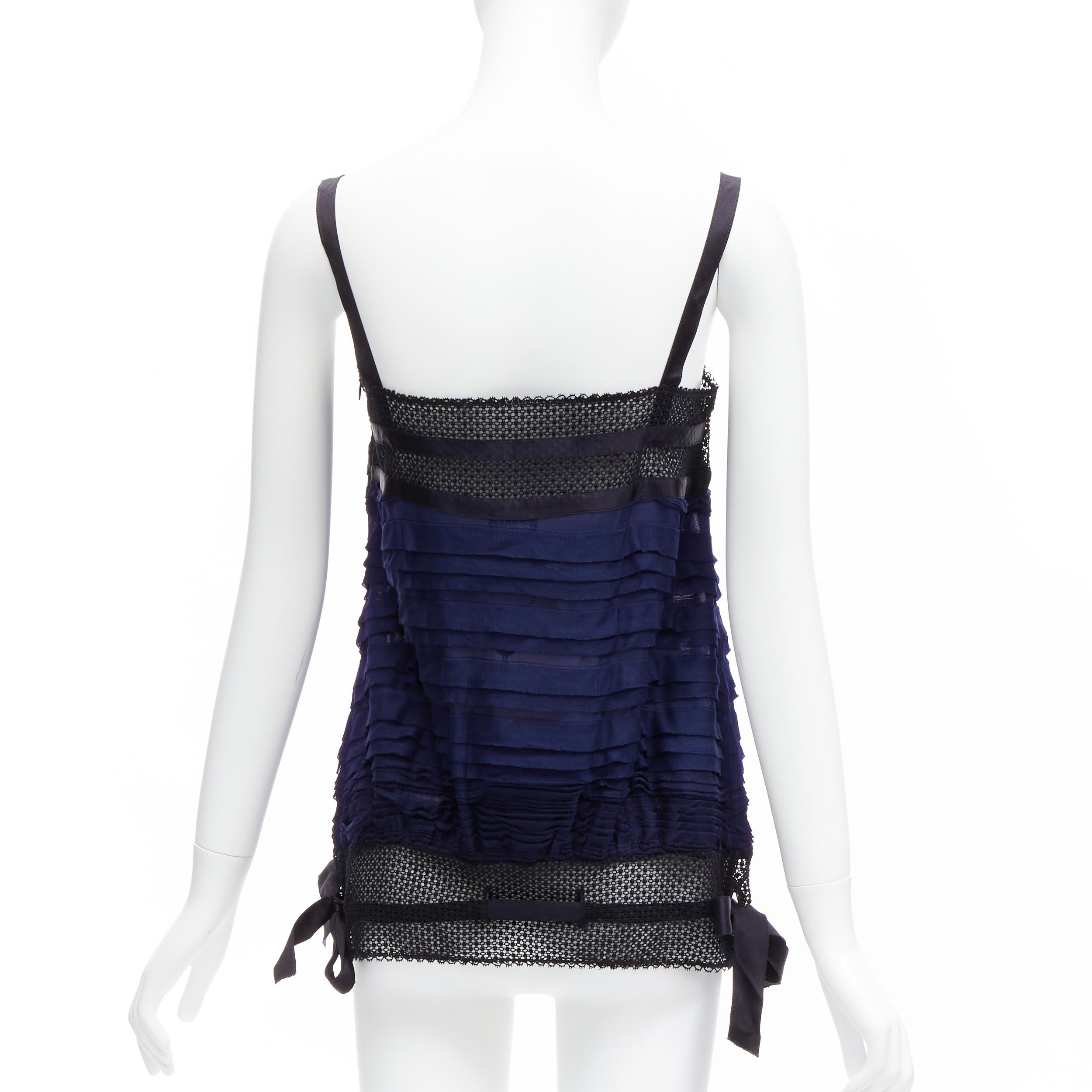 Women's CHANEL black navy CC logo ribbon pleat tiered layered vest top FR40 L