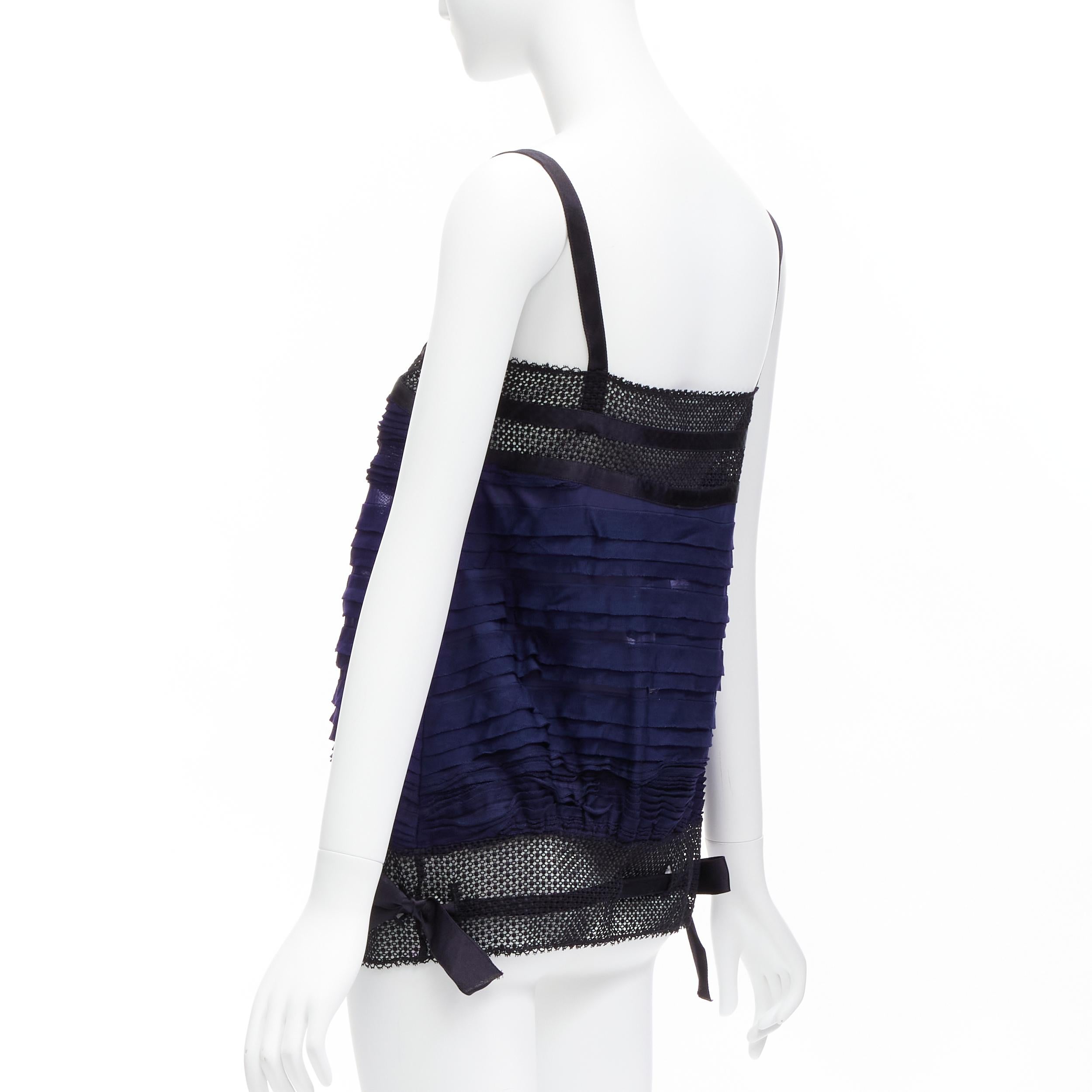 CHANEL black navy CC logo ribbon pleat tiered layered vest top FR40 L 1