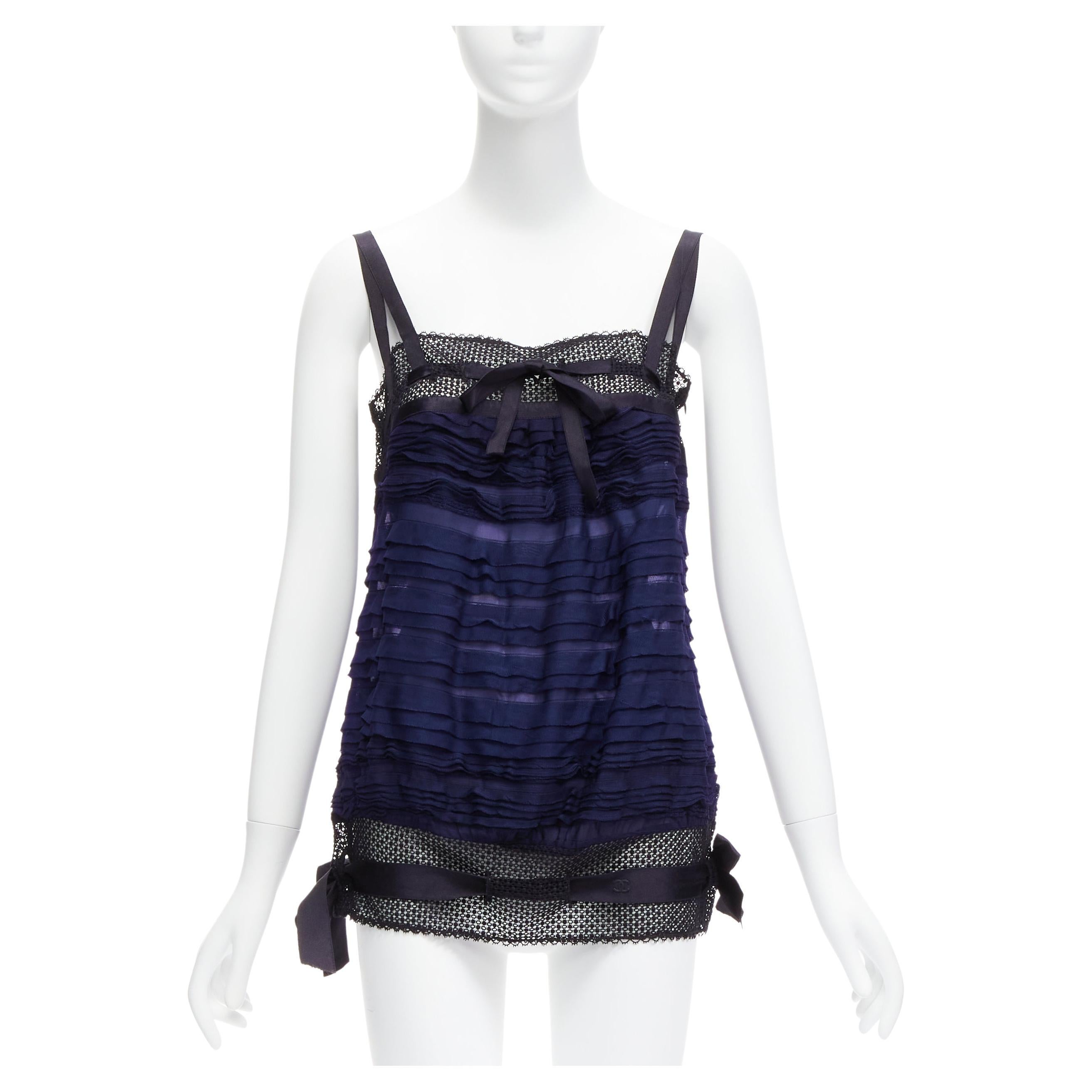 CHANEL black navy CC logo ribbon pleat tiered layered vest top FR40 L For Sale