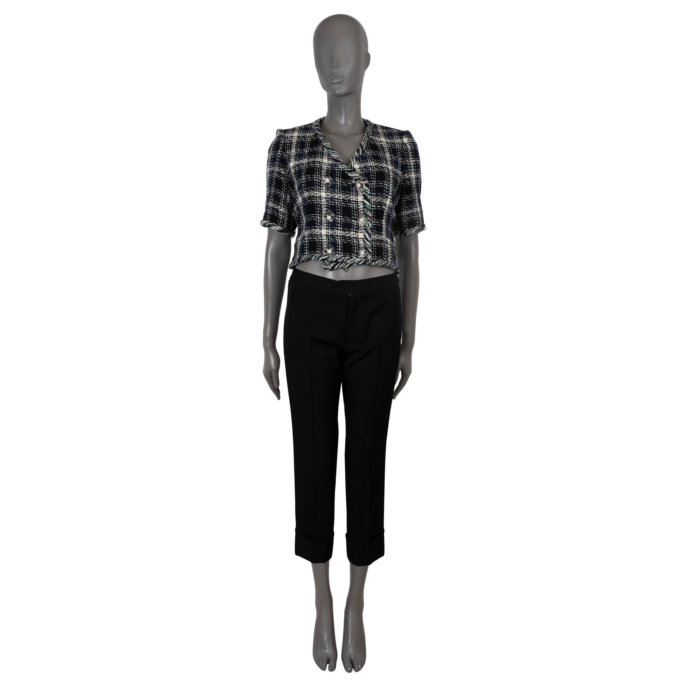 Women's CHANEL black navy cotton 2018 18S SHORT SLEEVE CROPPED TWEED Coat Jacket 38 S For Sale